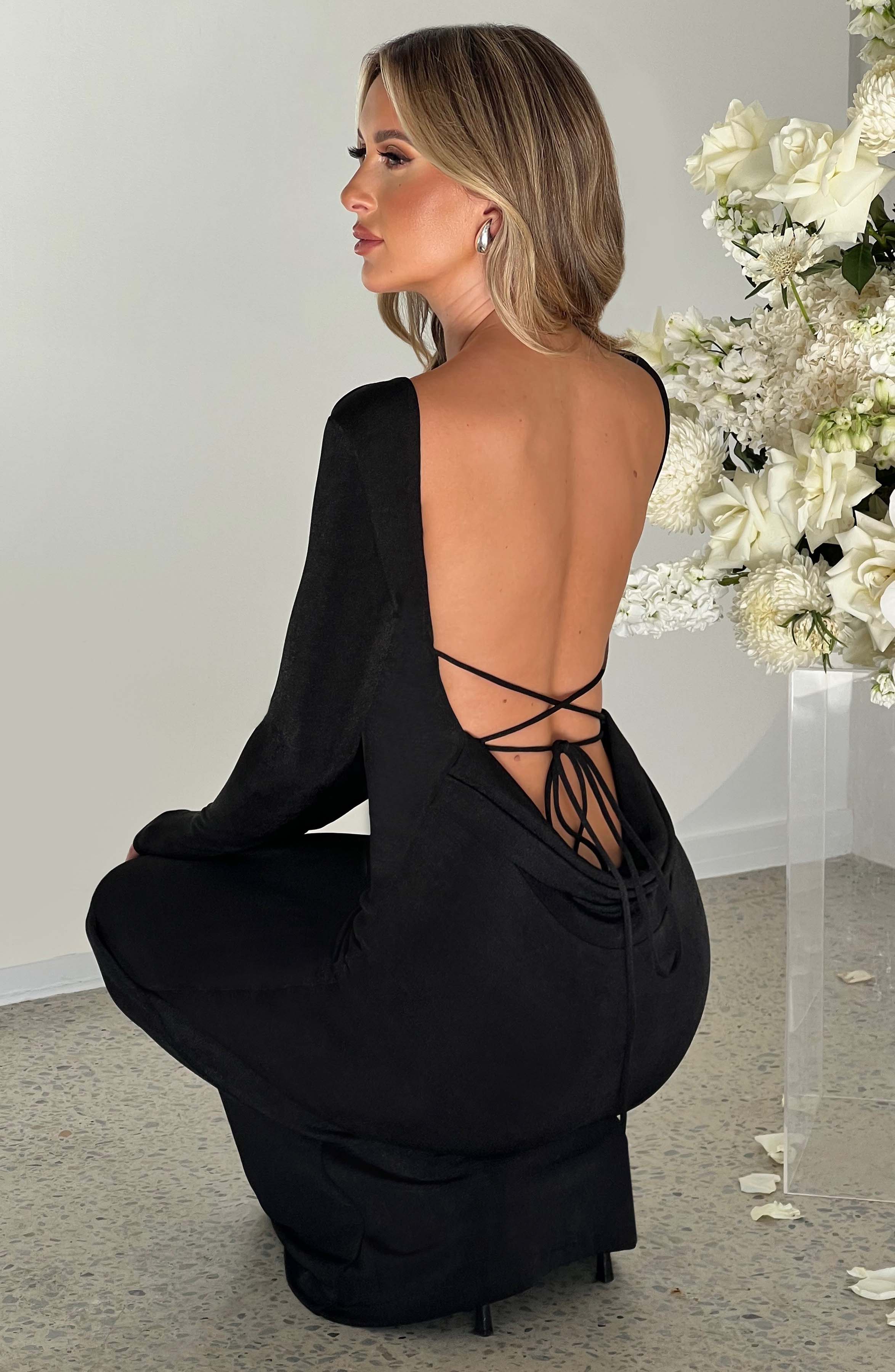 Anastassia Black Low Back Maxi Dress with Long Sleeves