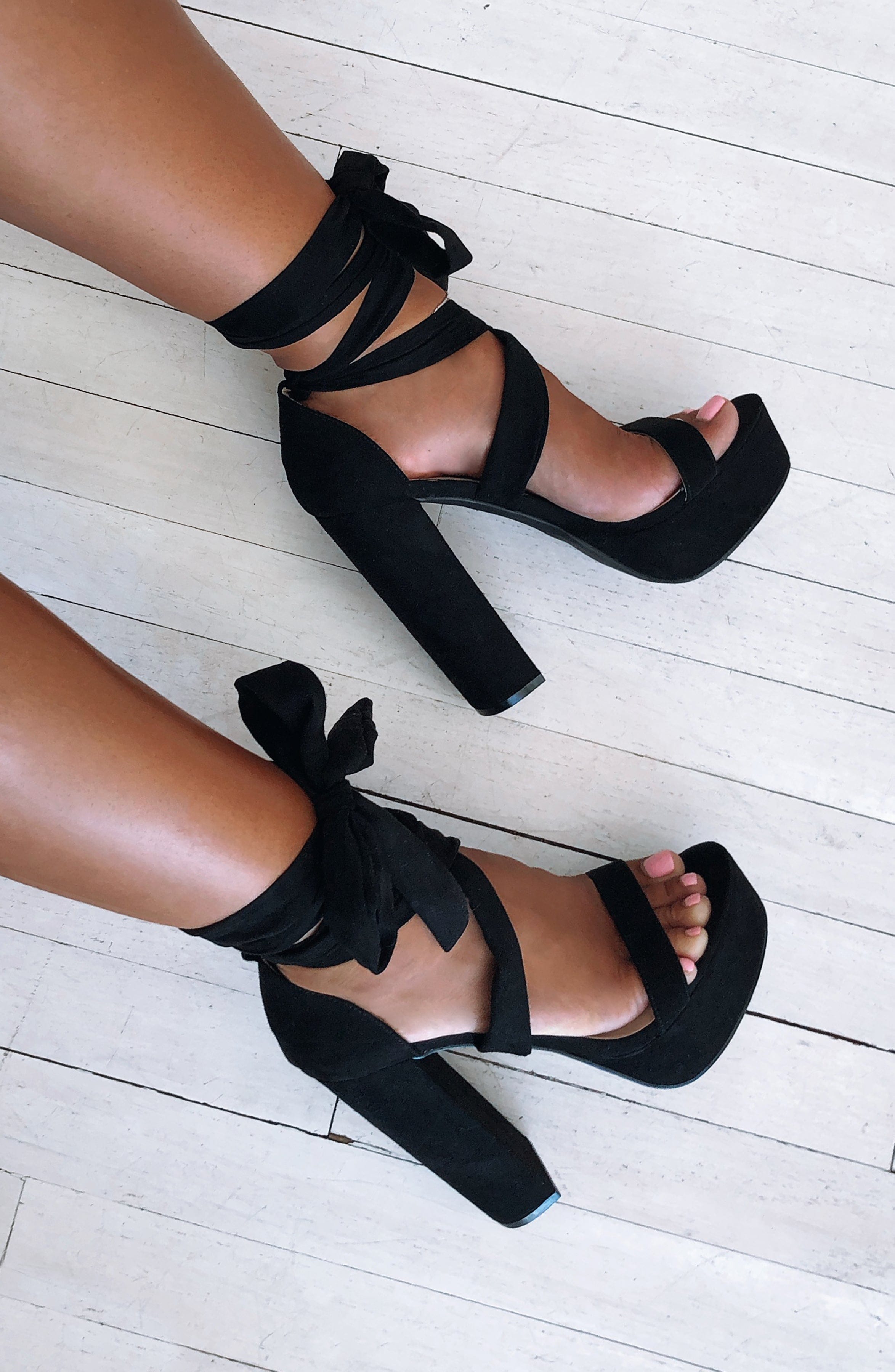 Danica Black Suede Block Heel Sandals with Ankle Straps