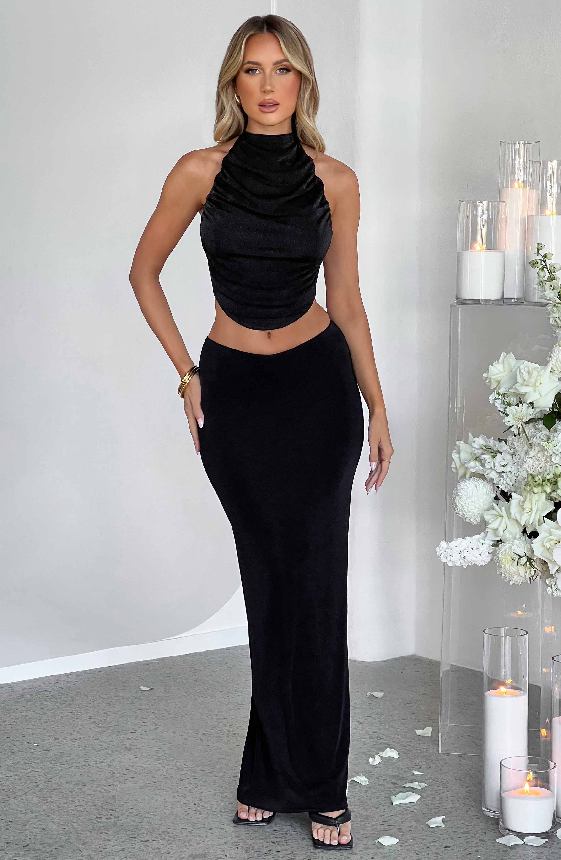 Black High Shine Jersey Maxi Skirt - Fifi Low Waist Bodycon