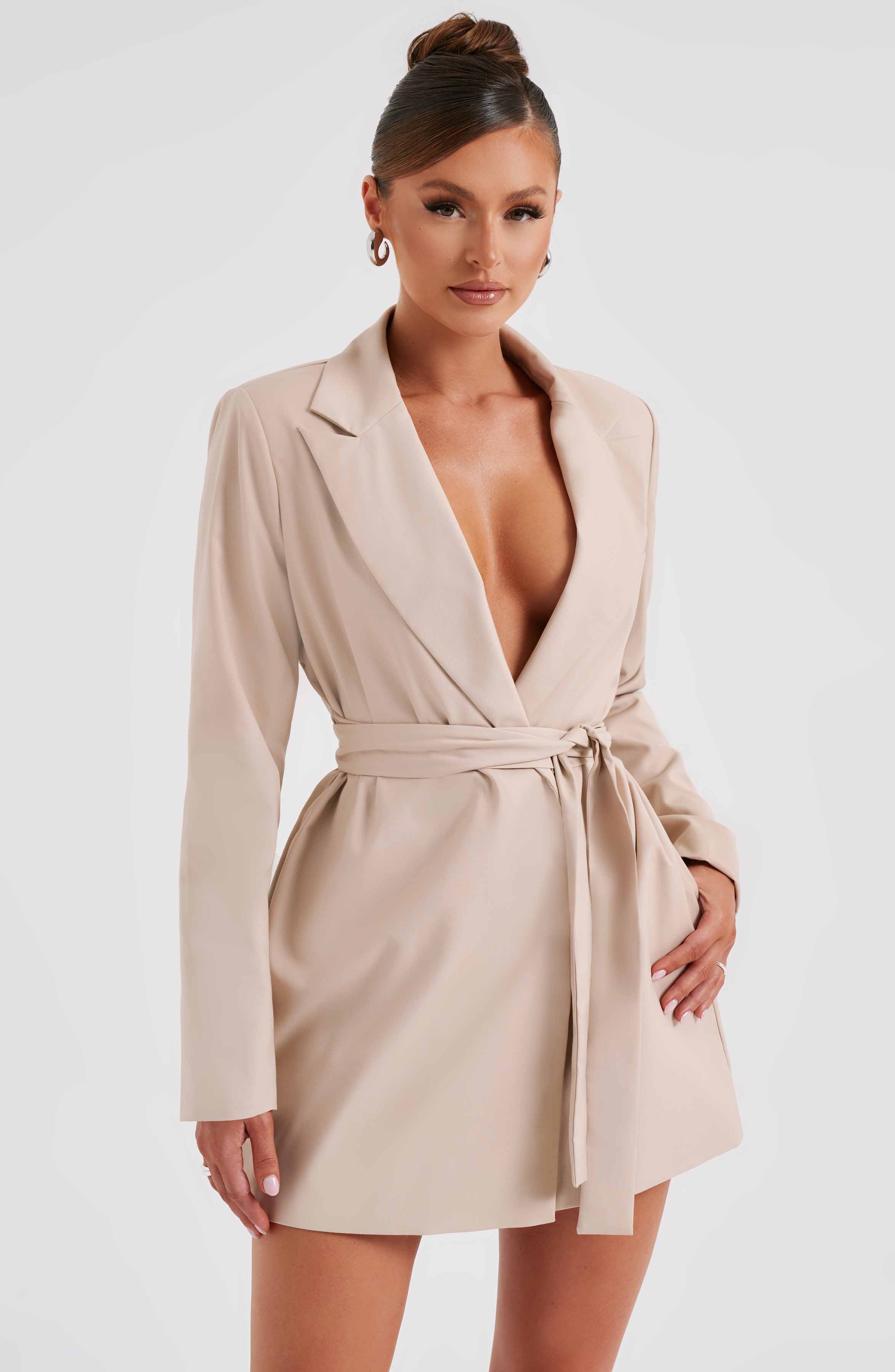 Beige Heather Blazer Dress with Tie Belt - Mini Suit Dress