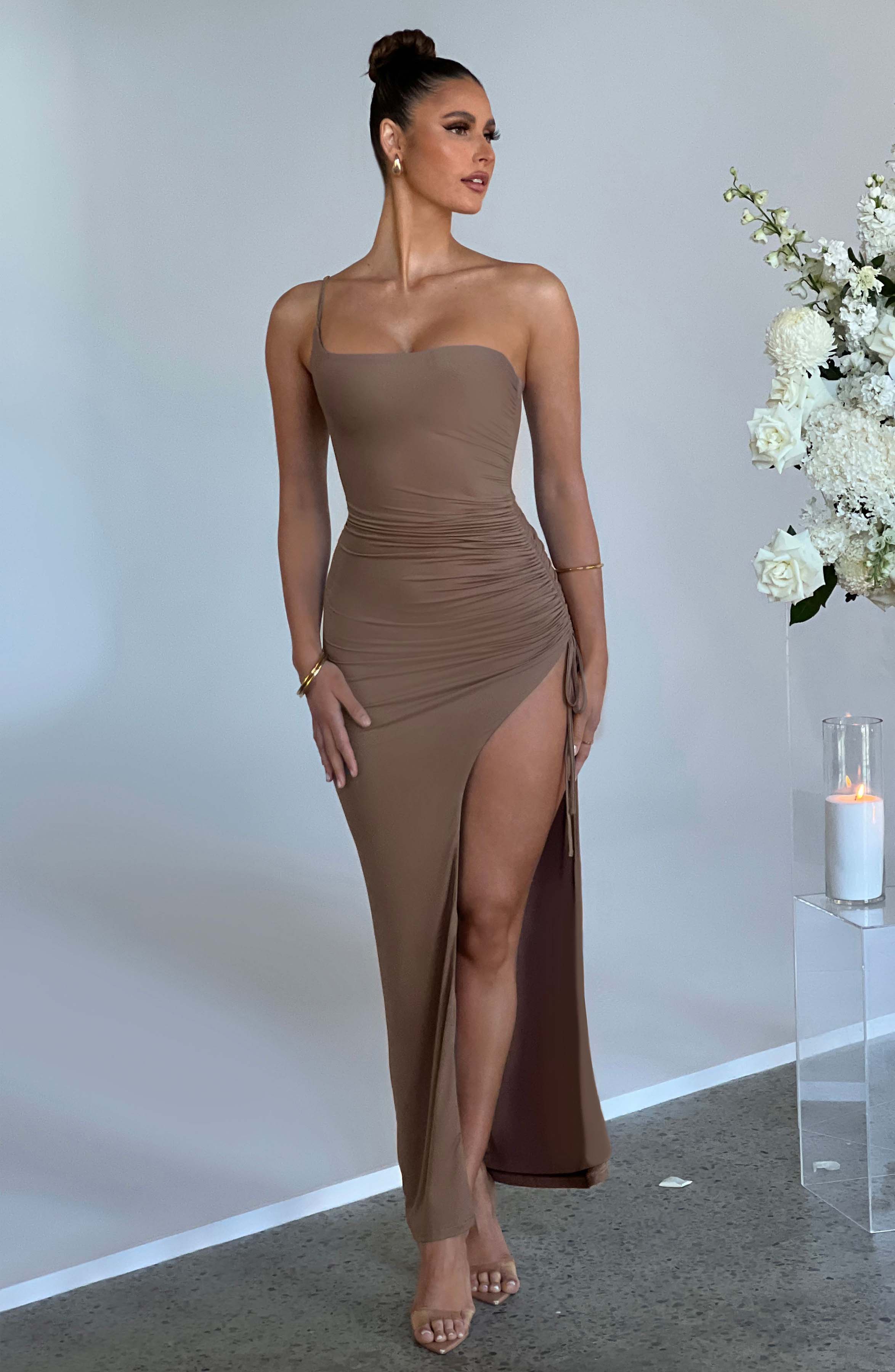 Zuri One Shoulder Ruched Maxi Dress in Chocolate