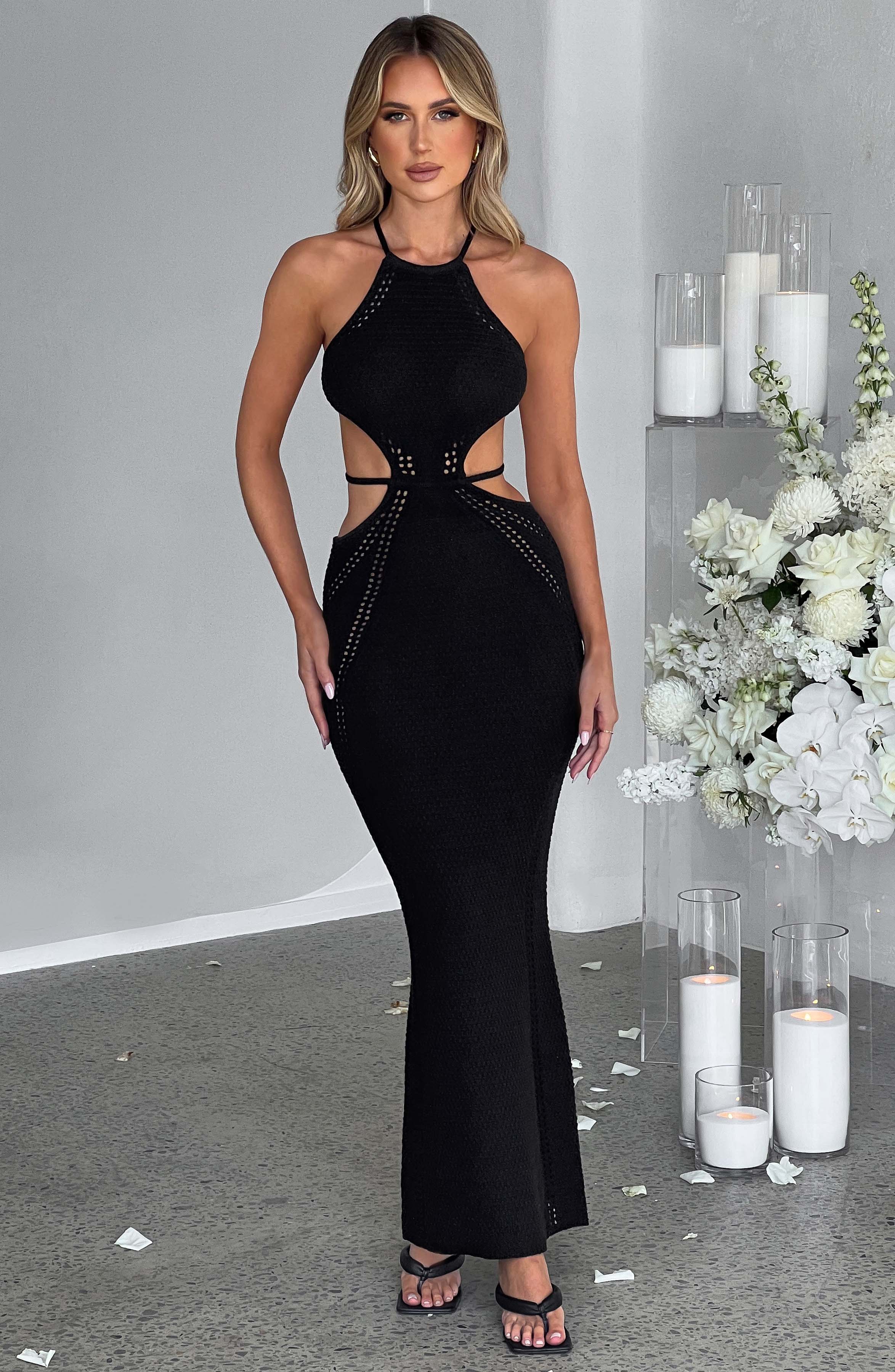 Black Halter Neck Maxi Dress - Delia Backless Crochet Knit