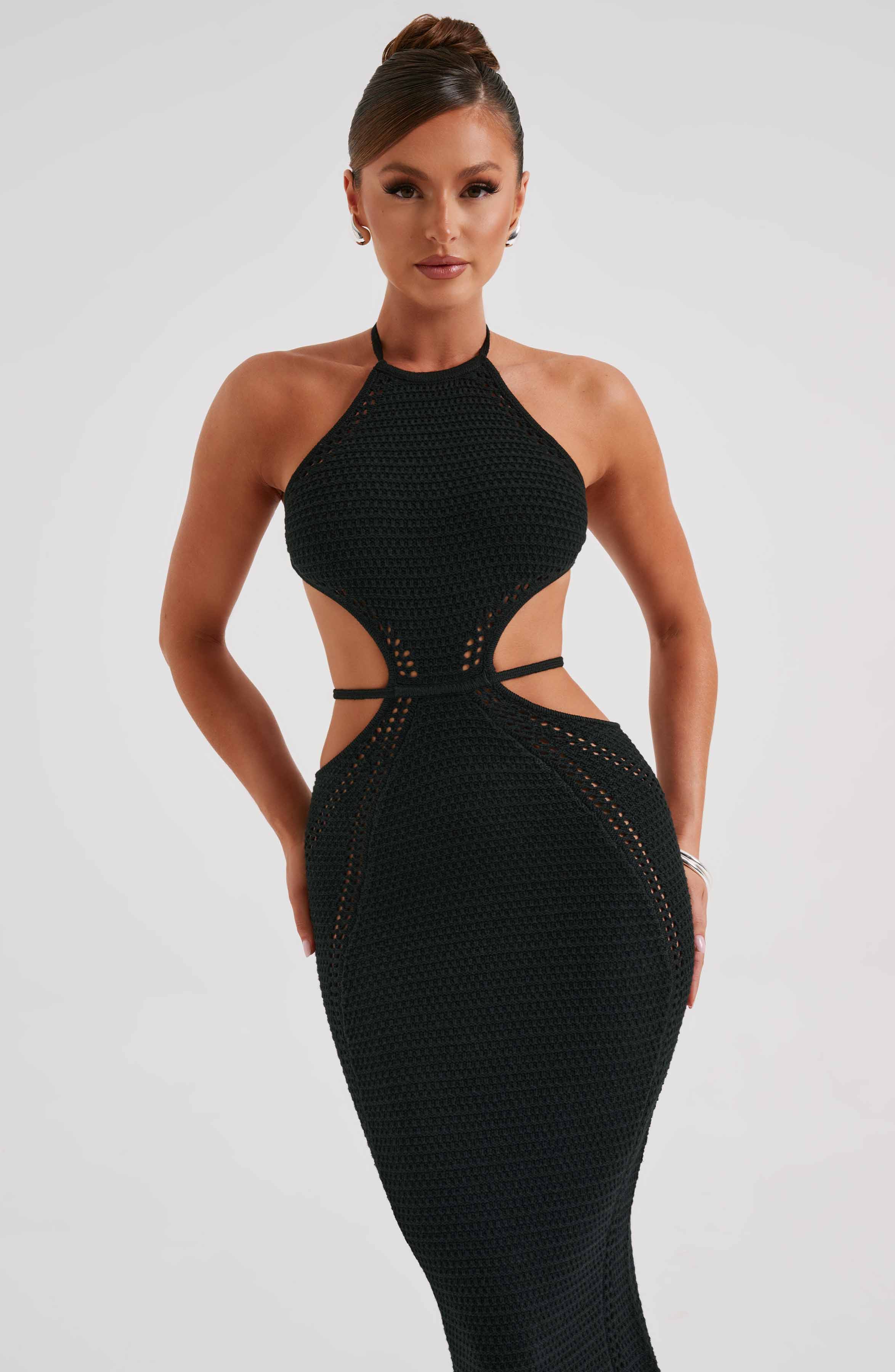 Black Halter Neck Maxi Dress - Delia Backless Crochet Knit