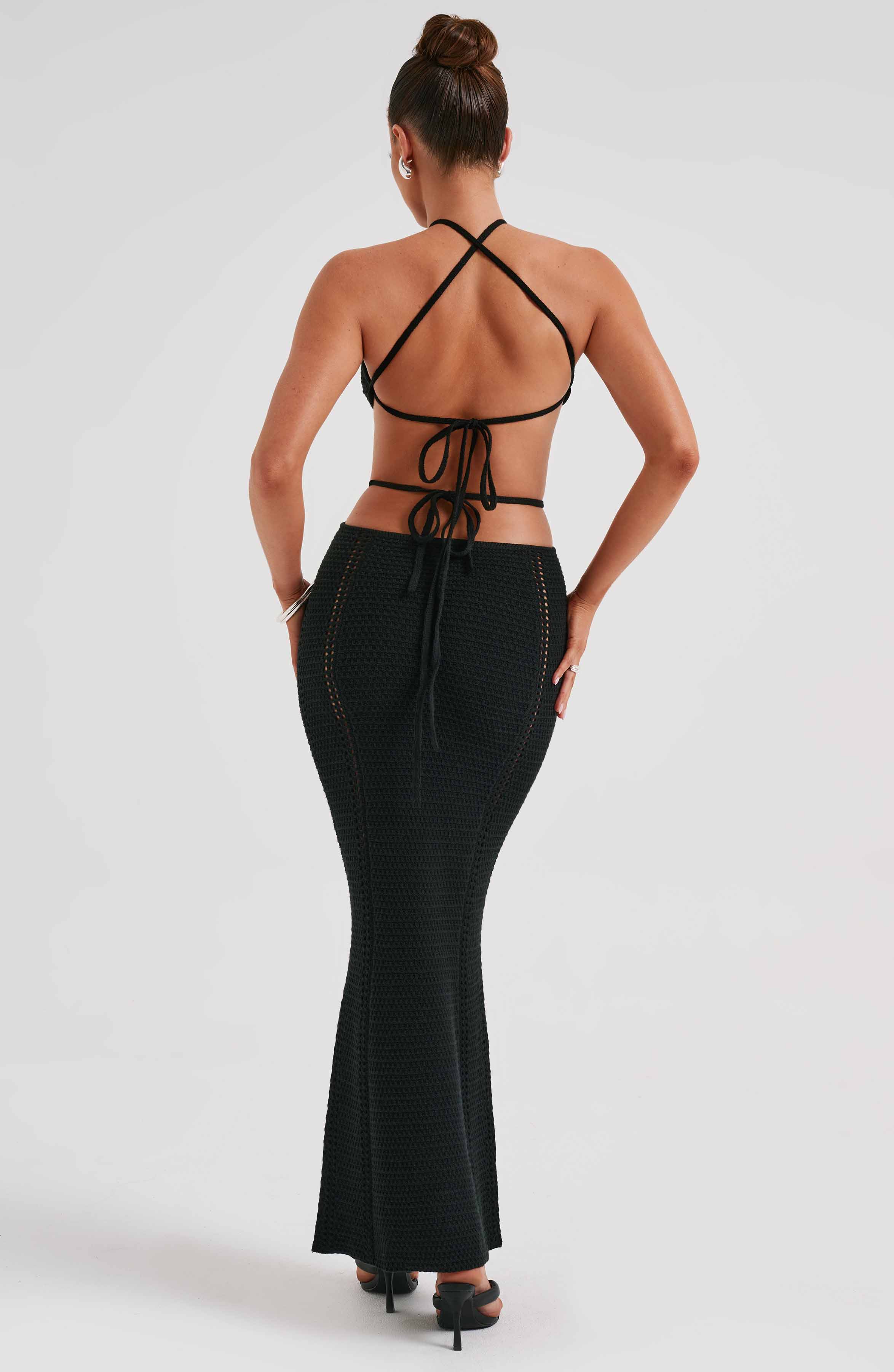 Black Halter Neck Maxi Dress - Delia Backless Crochet Knit