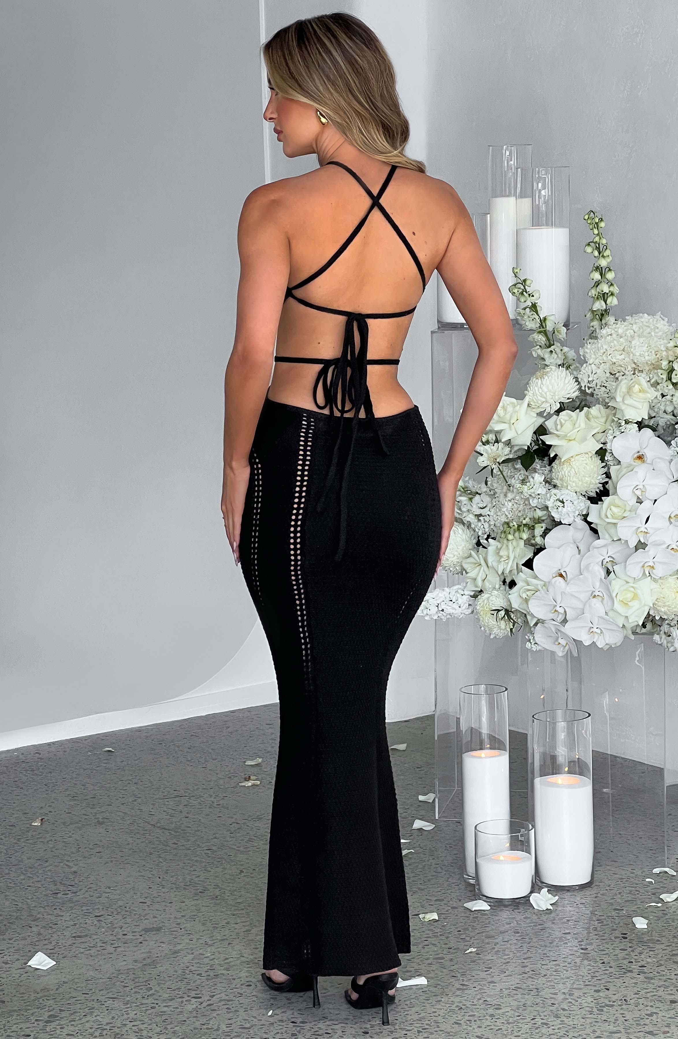 Black Halter Neck Maxi Dress - Delia Backless Crochet Knit