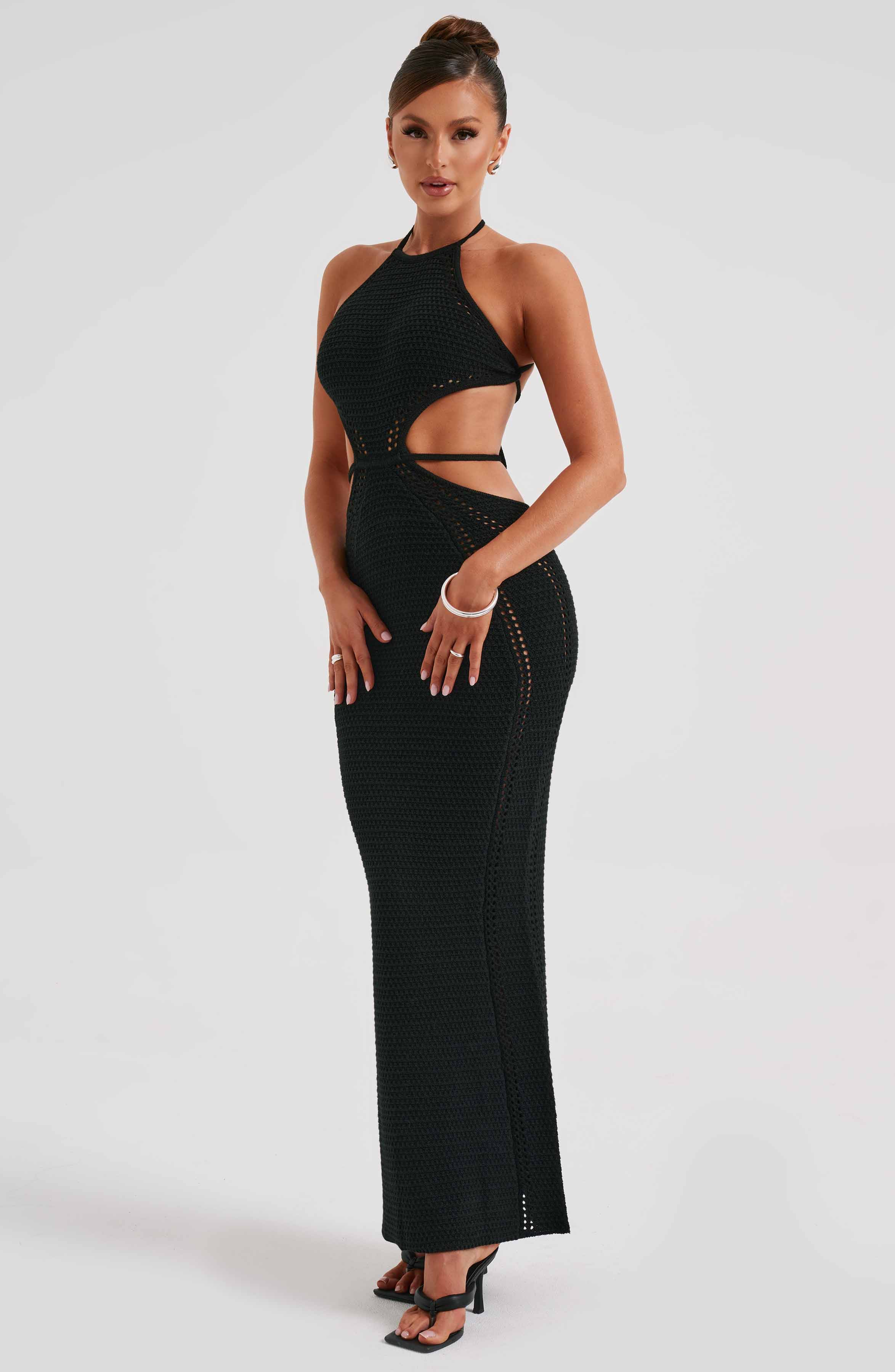 Black Halter Neck Maxi Dress - Delia Backless Crochet Knit