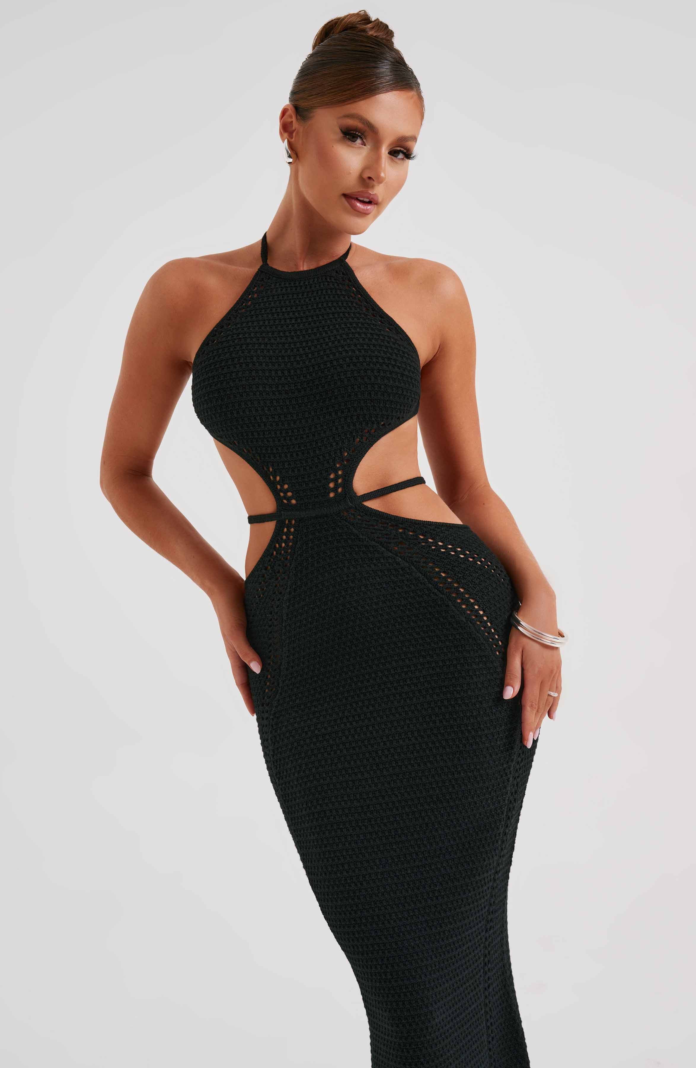 Black Halter Neck Maxi Dress - Delia Backless Crochet Knit