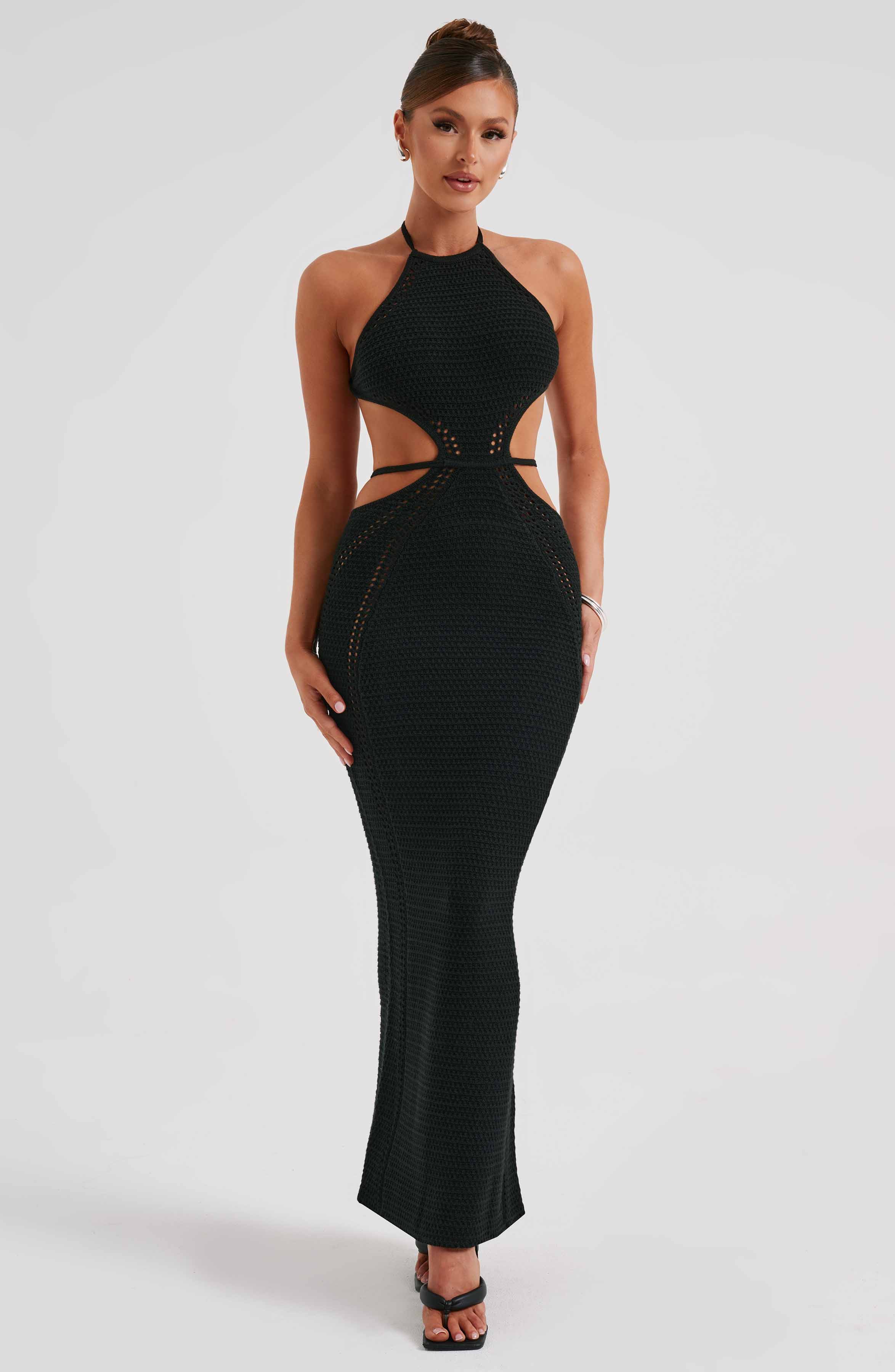 Black Halter Neck Maxi Dress - Delia Backless Crochet Knit
