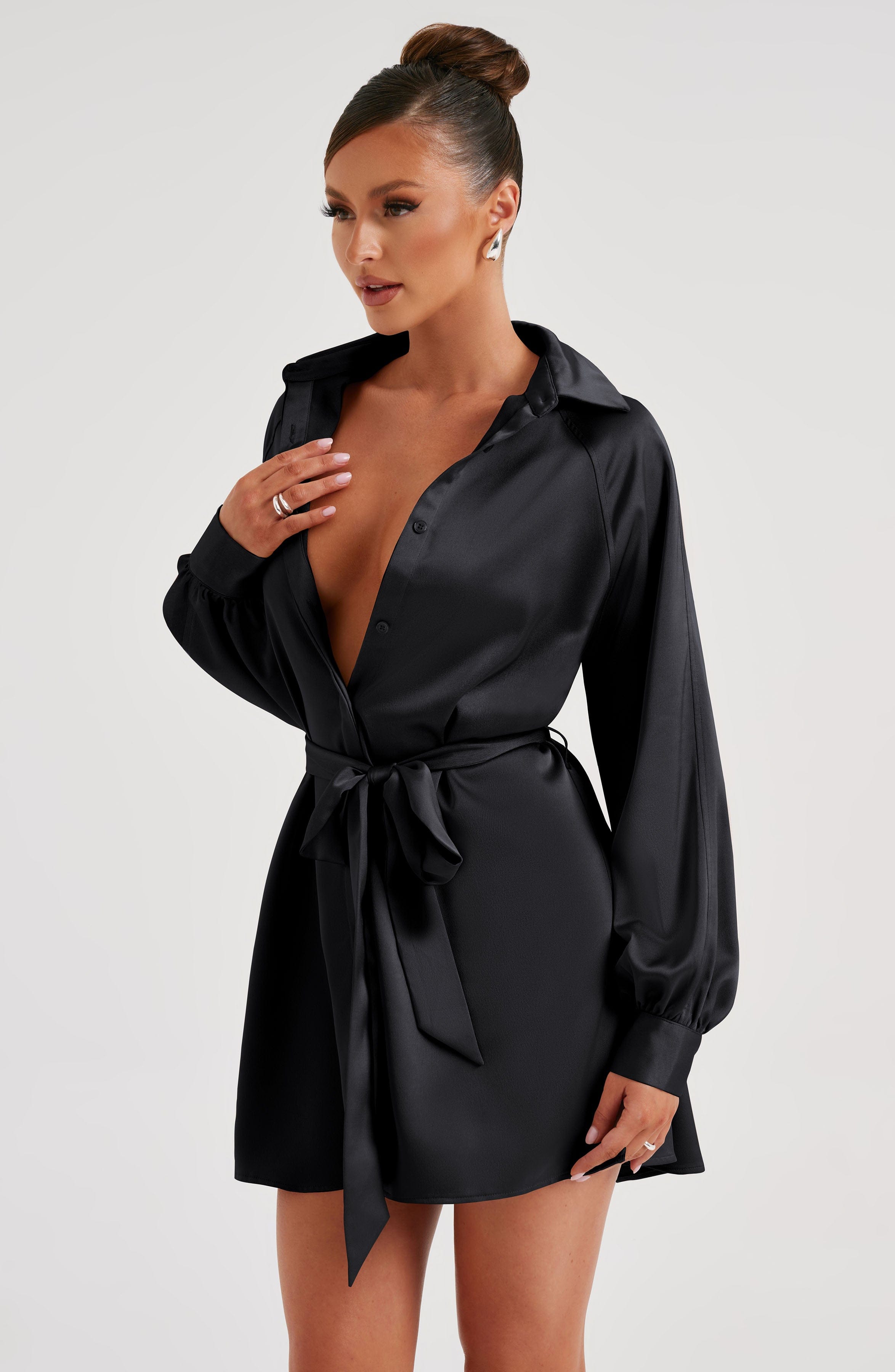 Black Kara Mini Dress with Tie Belt & Long Sleeves