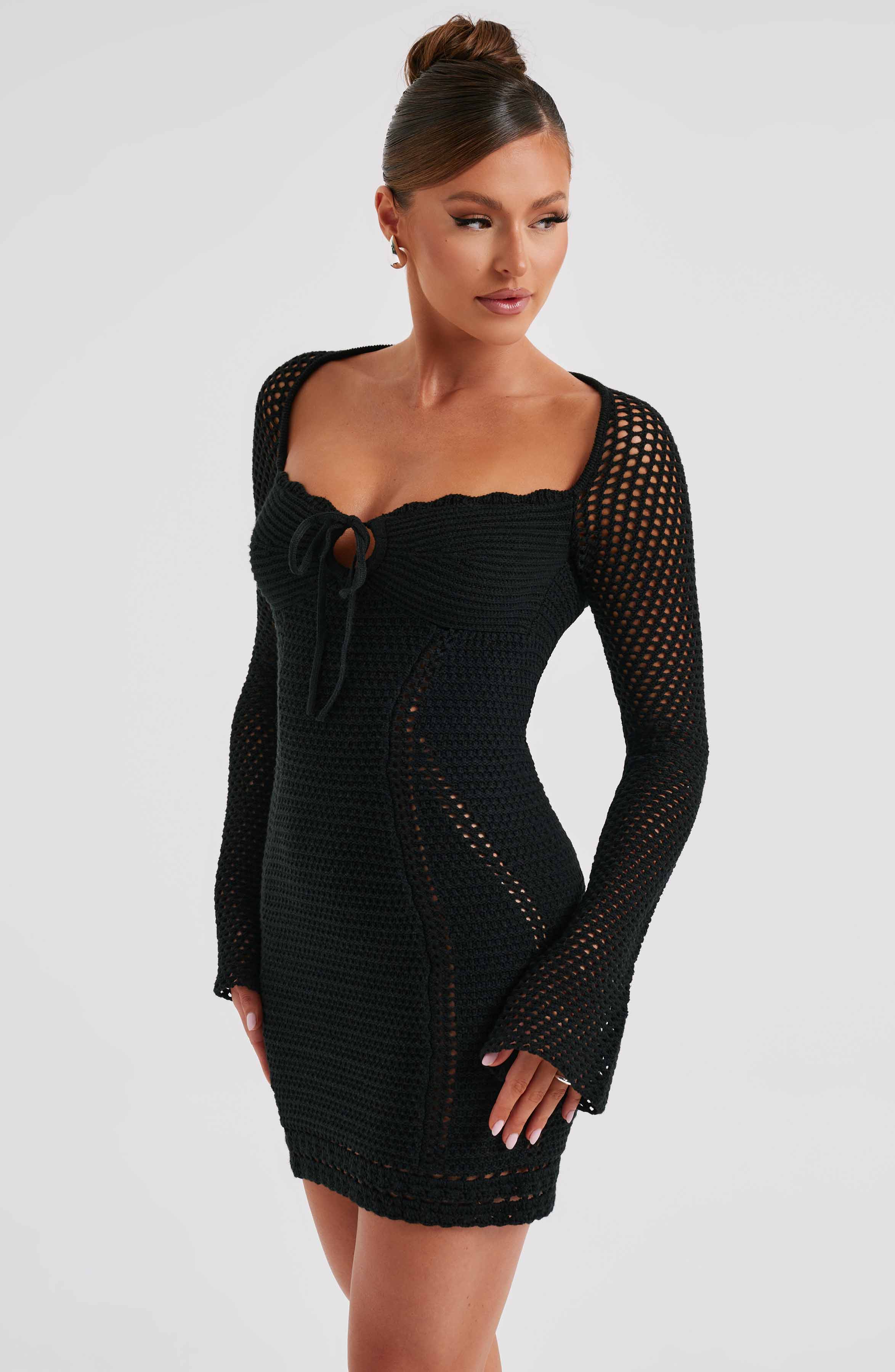 Crochet Dezi Mini Dress with Tie Detail - Black