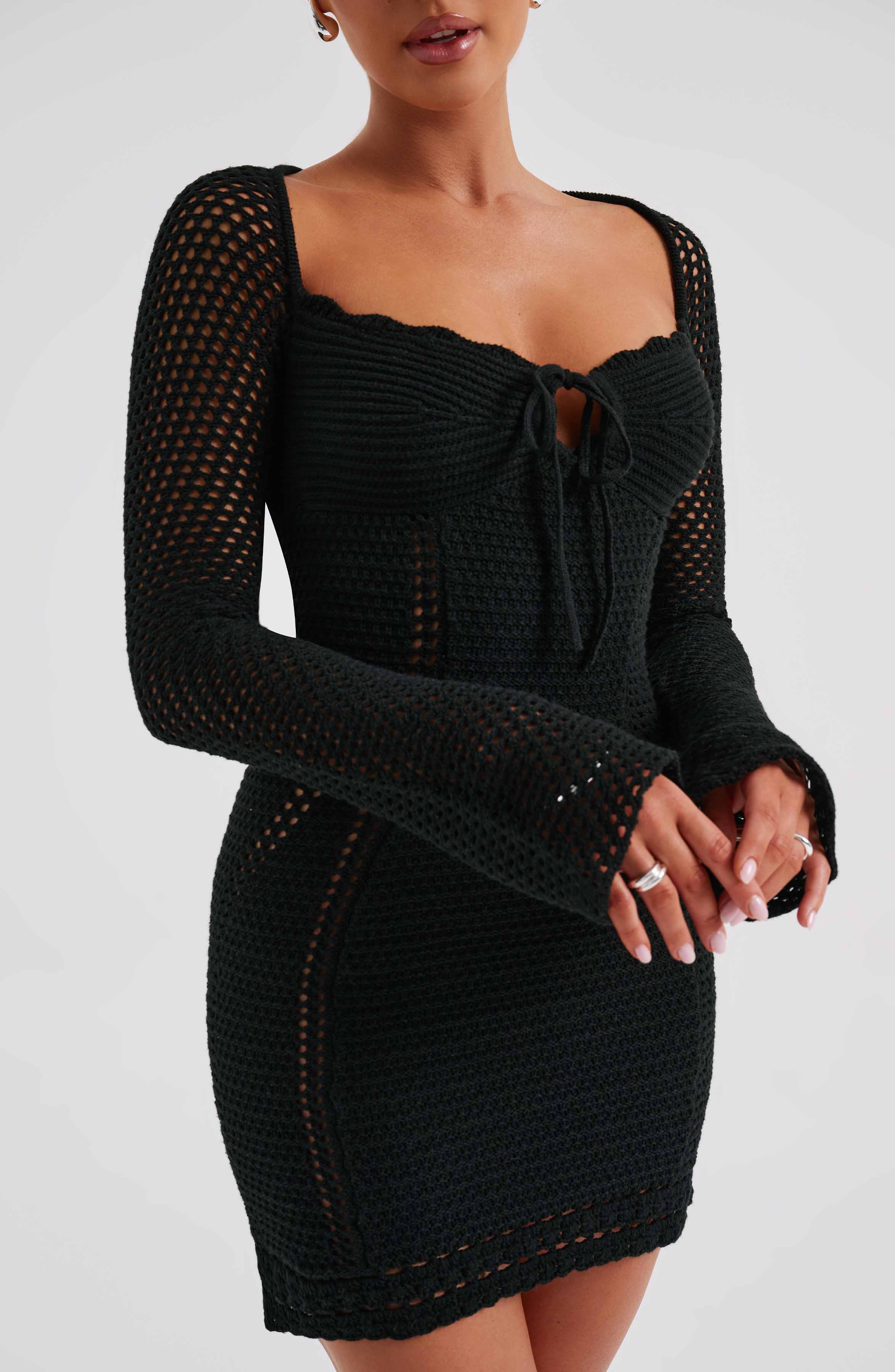 Crochet Dezi Mini Dress with Tie Detail - Black