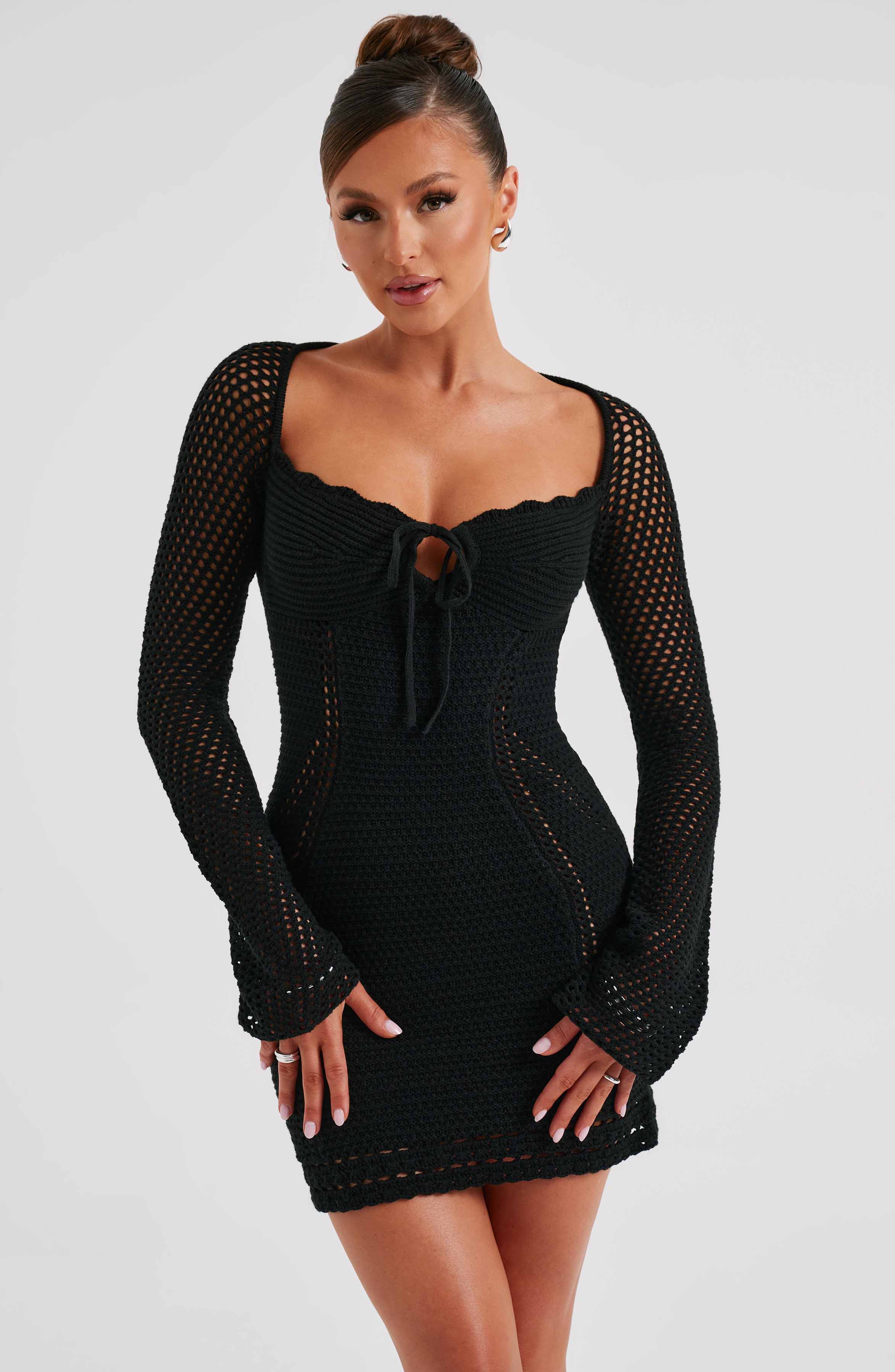 Crochet Dezi Mini Dress with Tie Detail - Black
