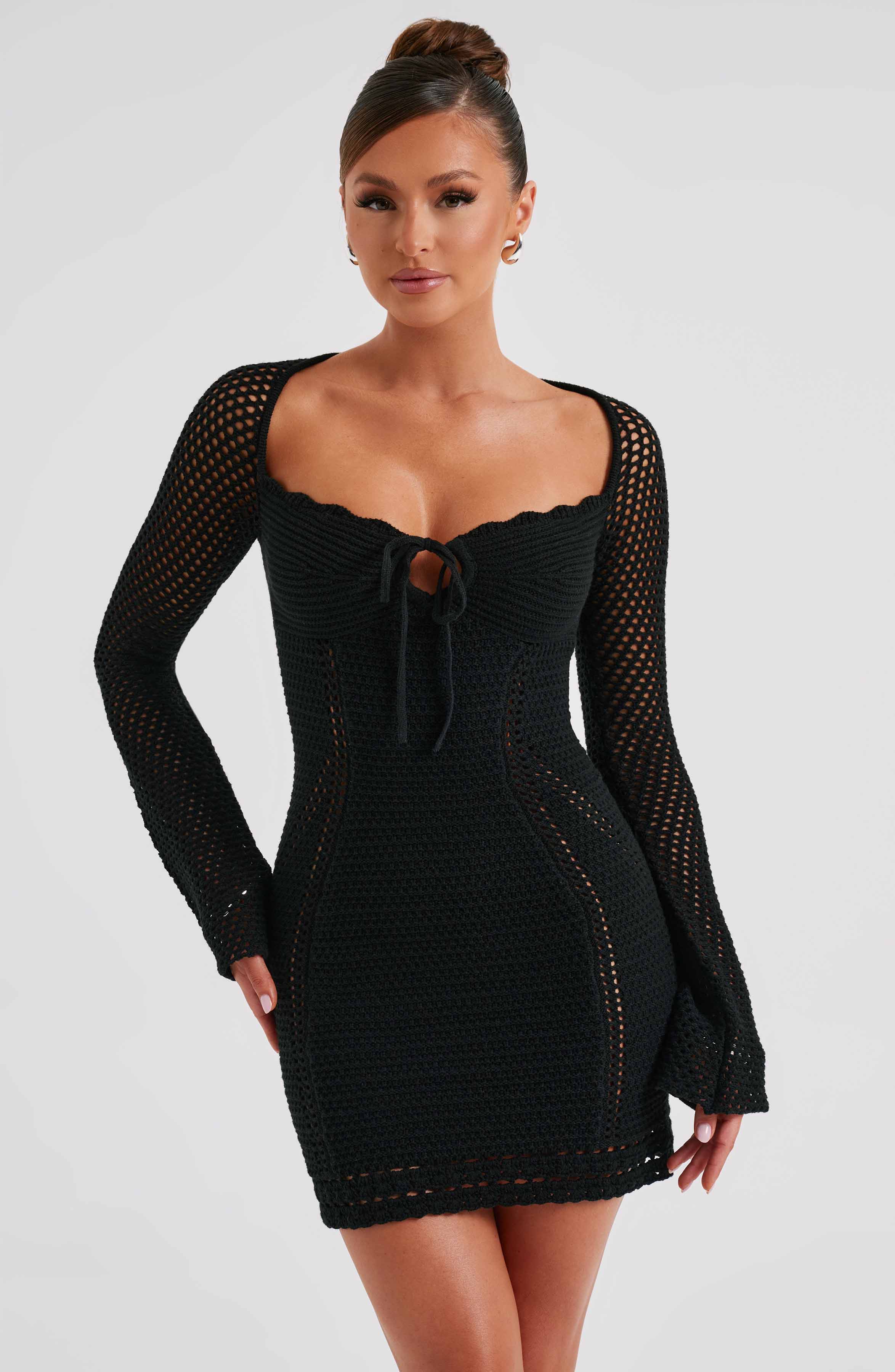 Crochet Dezi Mini Dress with Tie Detail - Black