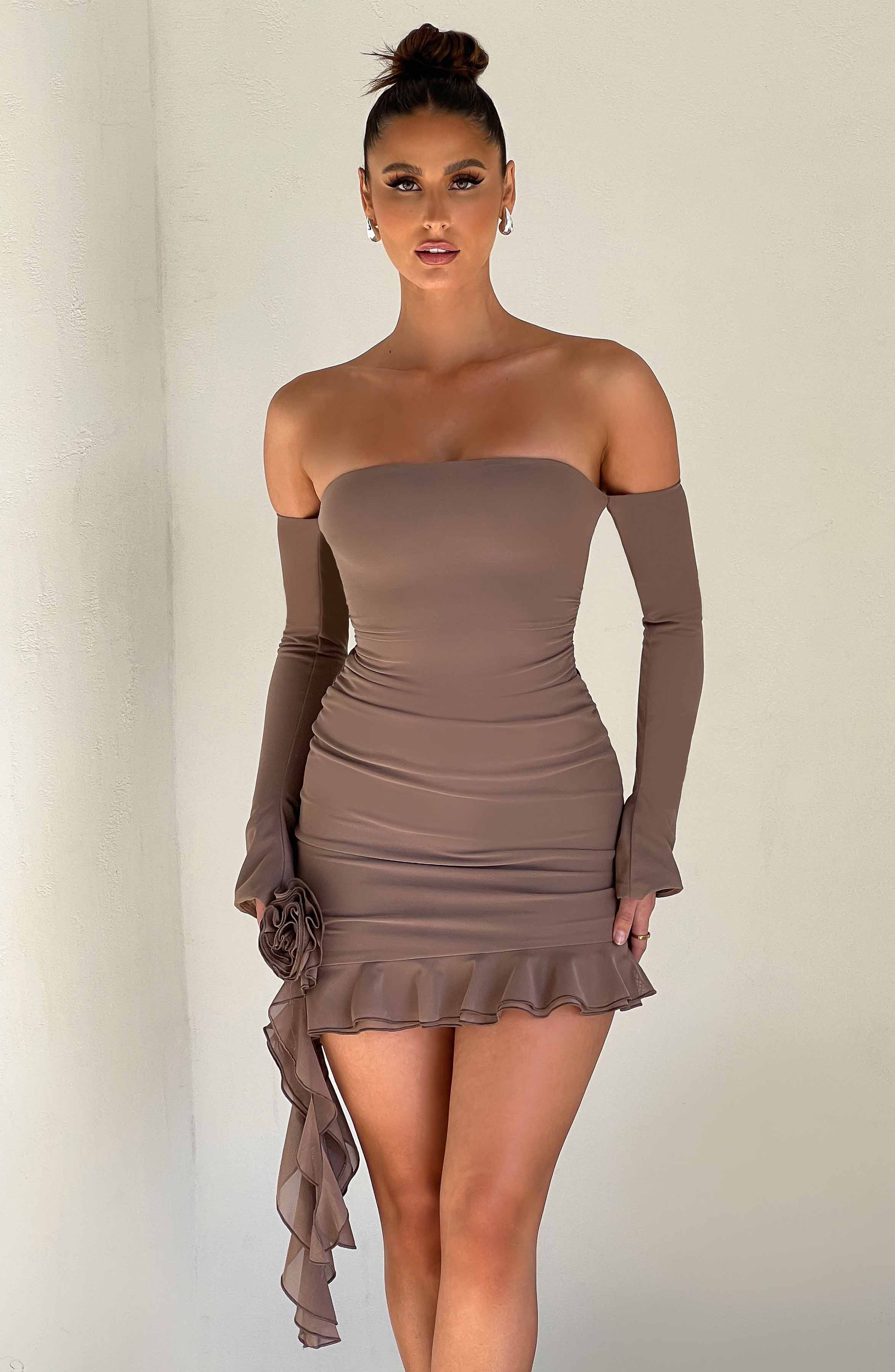 Alix Off Shoulder Mini Dress with Ruffled Hem - Chocolate