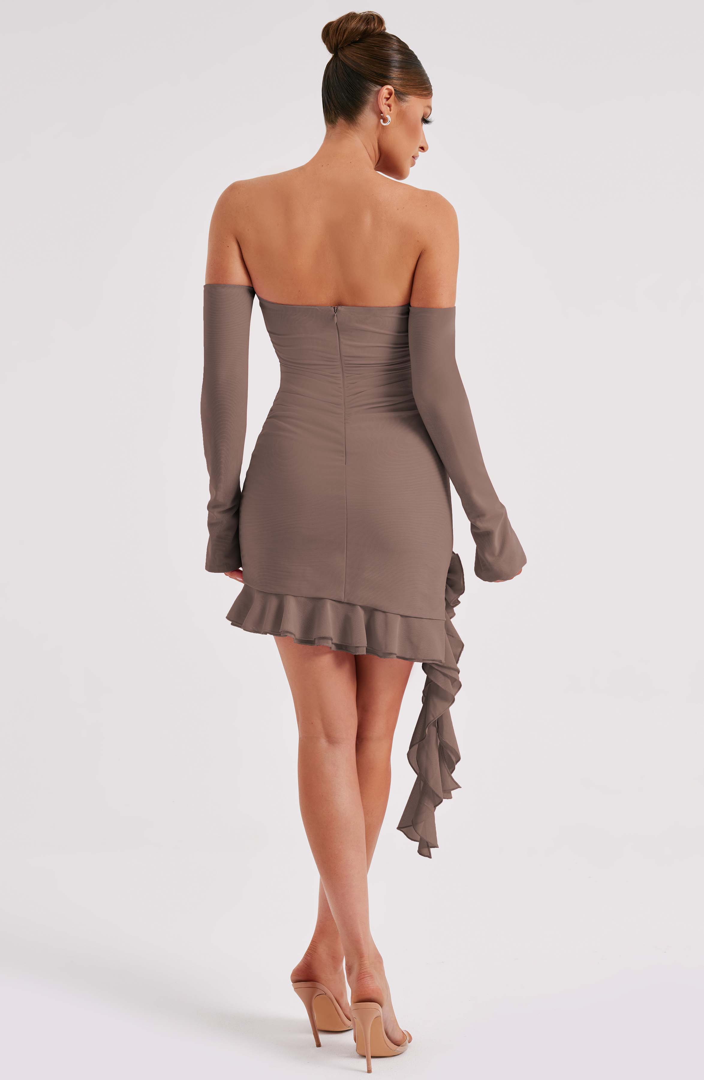 Alix Off Shoulder Mini Dress with Ruffled Hem - Chocolate