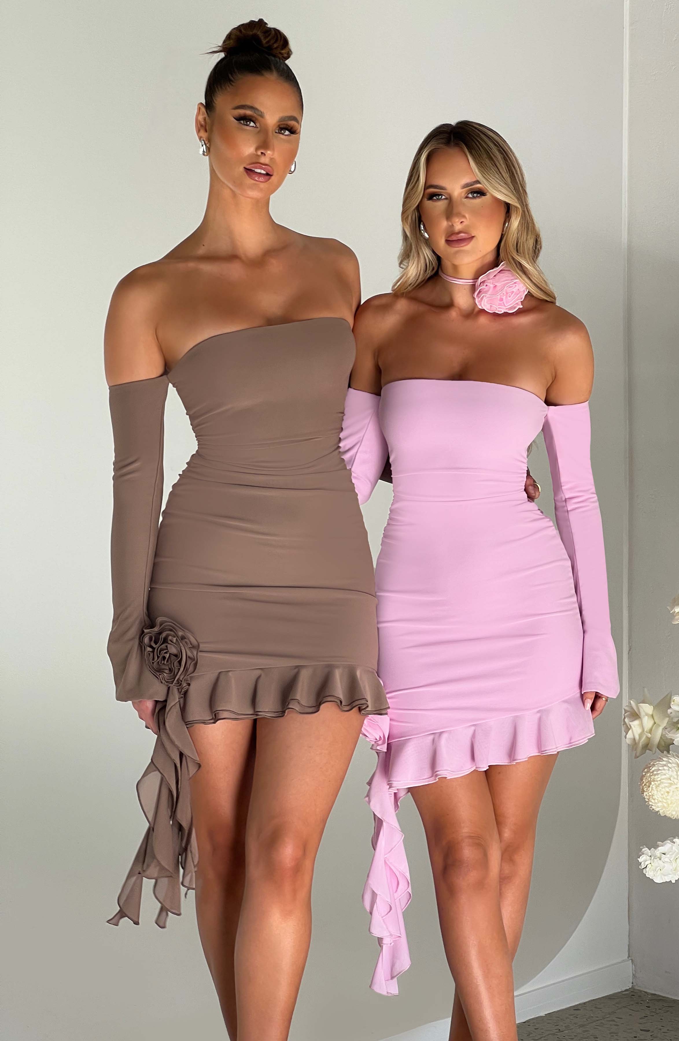 Alix Off Shoulder Mini Dress with Ruffled Hem - Chocolate