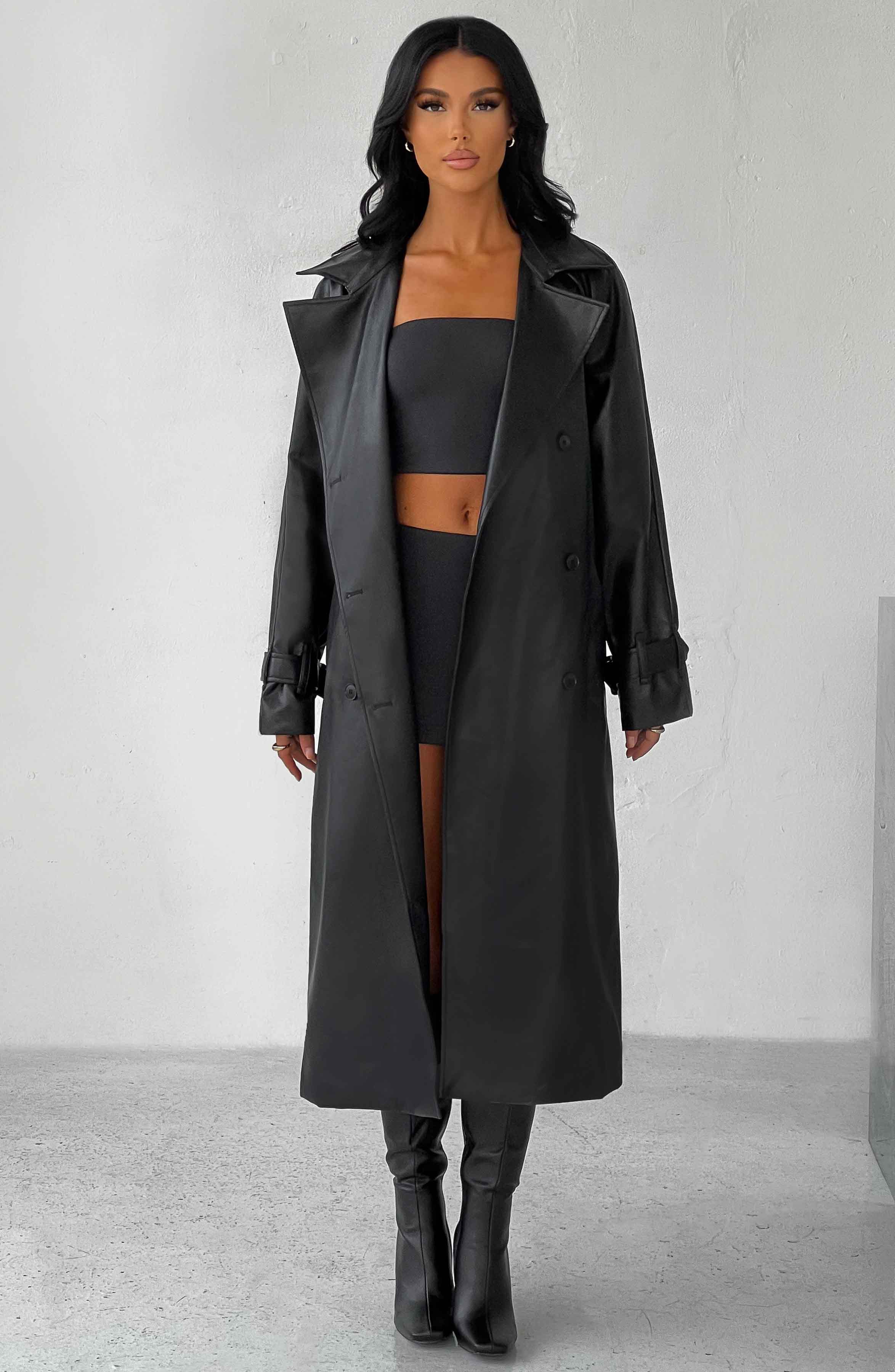 Black Faux Leather Trench Coat - Chi Double Breasted Midi Coat