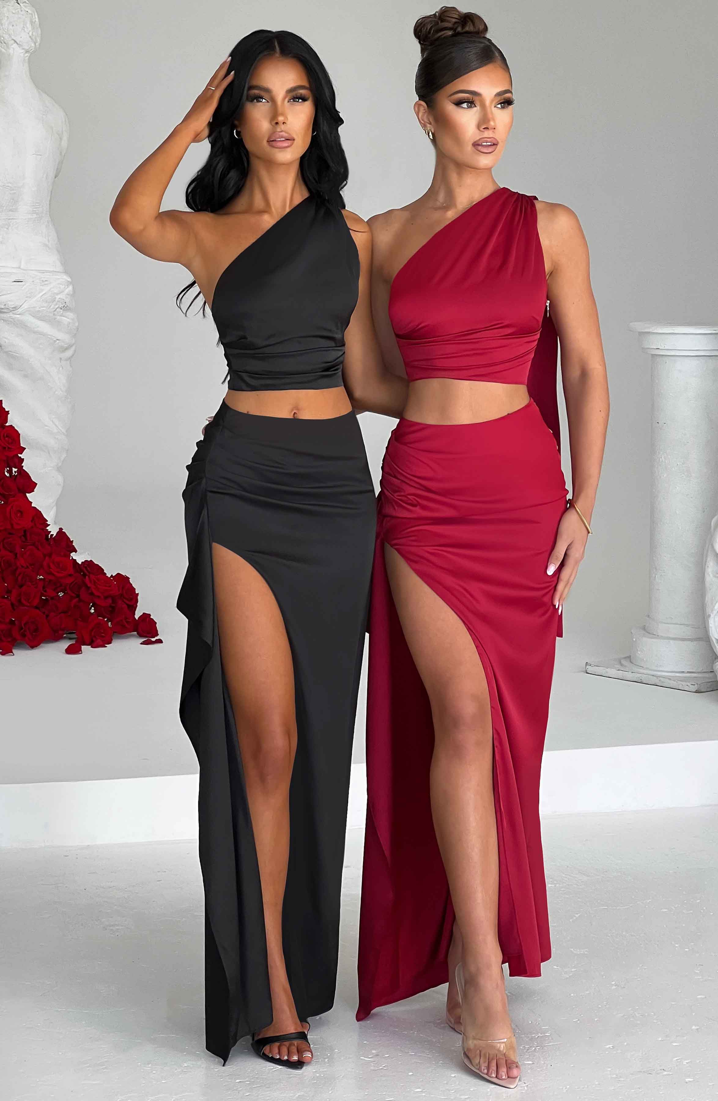 Halsey Black Satin Maxi Skirt with Thigh Split