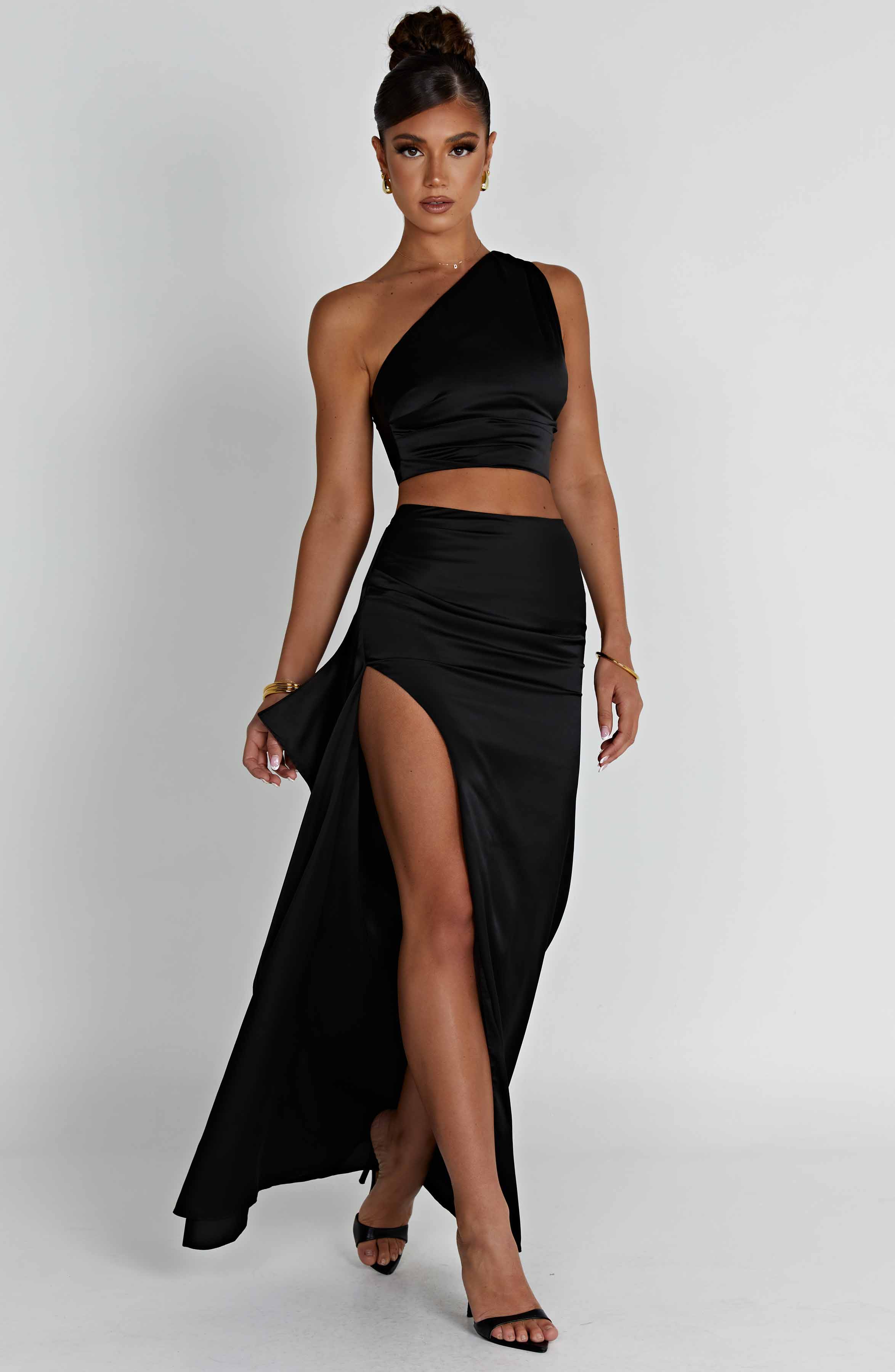 Halsey Black Satin Maxi Skirt with Thigh Split