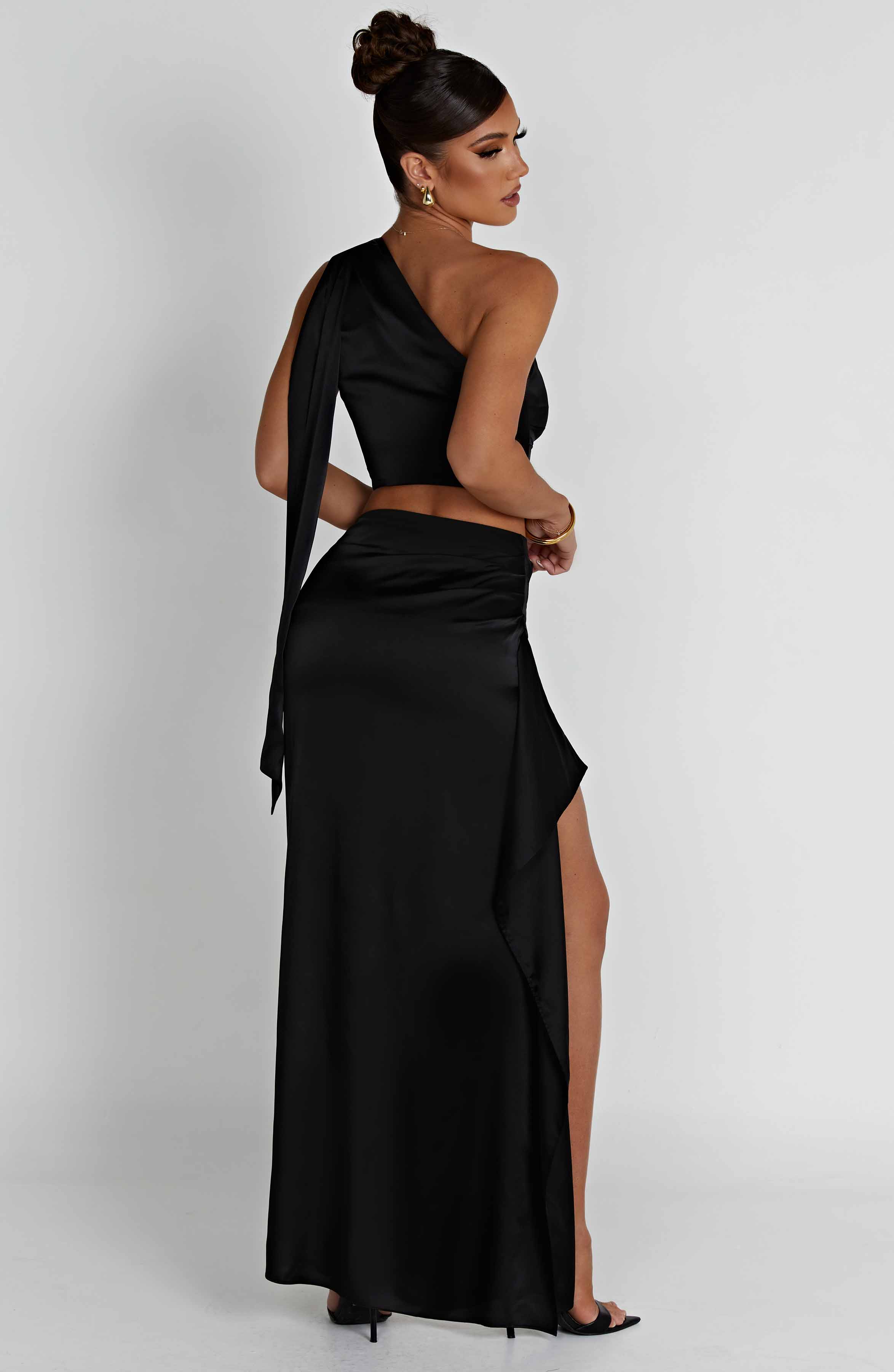Halsey Black Satin Maxi Skirt with Thigh Split