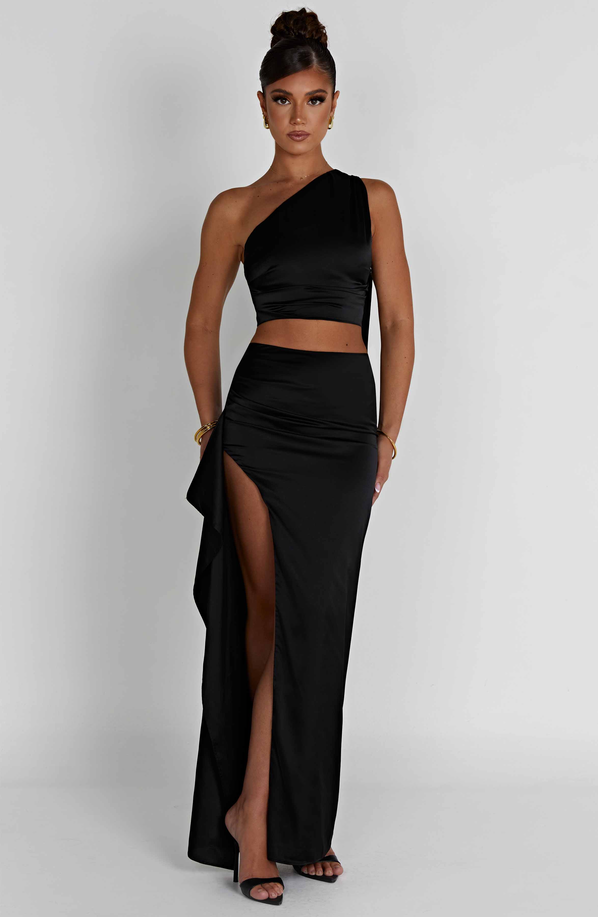 Halsey Black Satin Maxi Skirt with Thigh Split