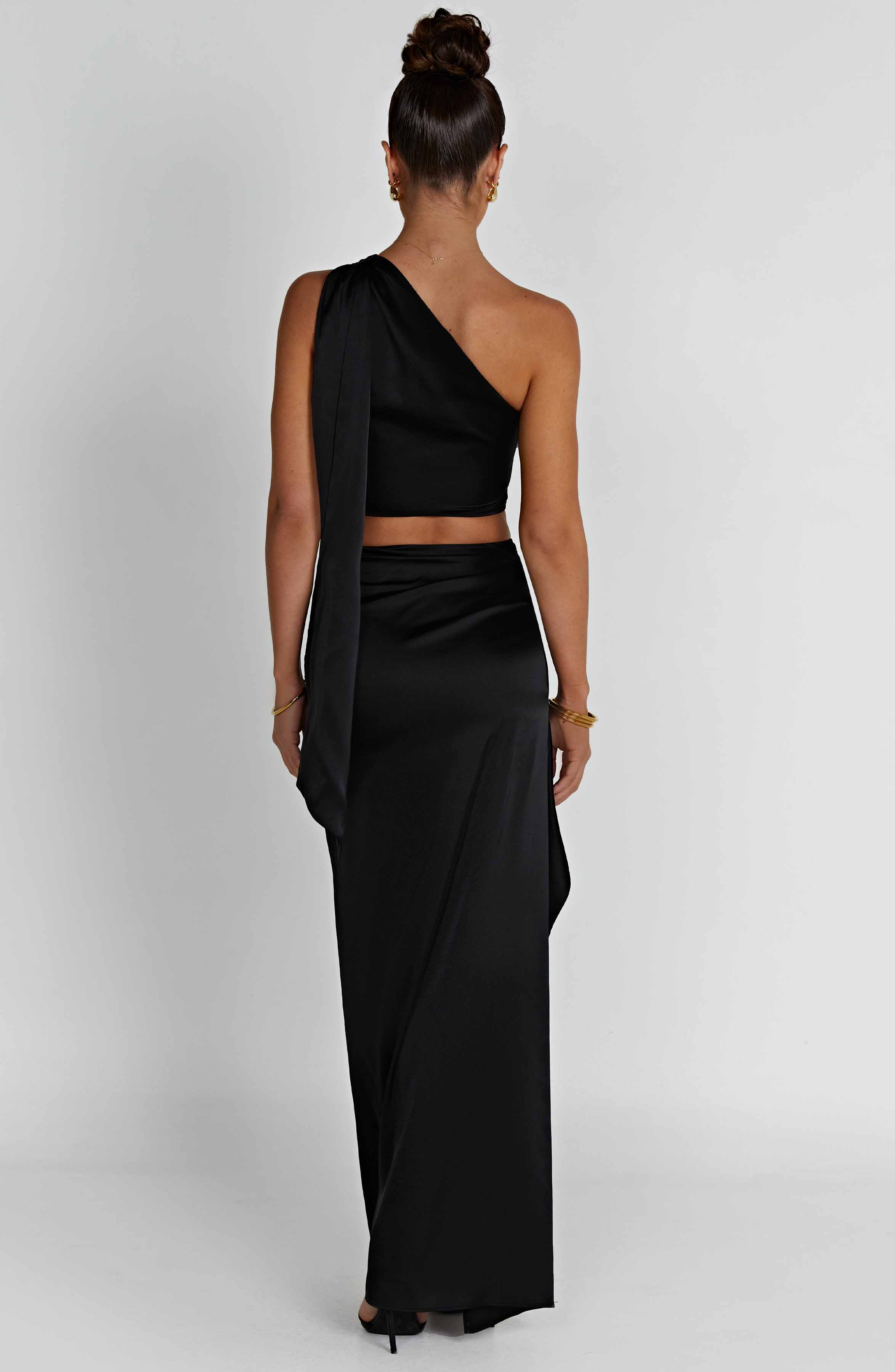 Halsey Black Satin Maxi Skirt with Thigh Split