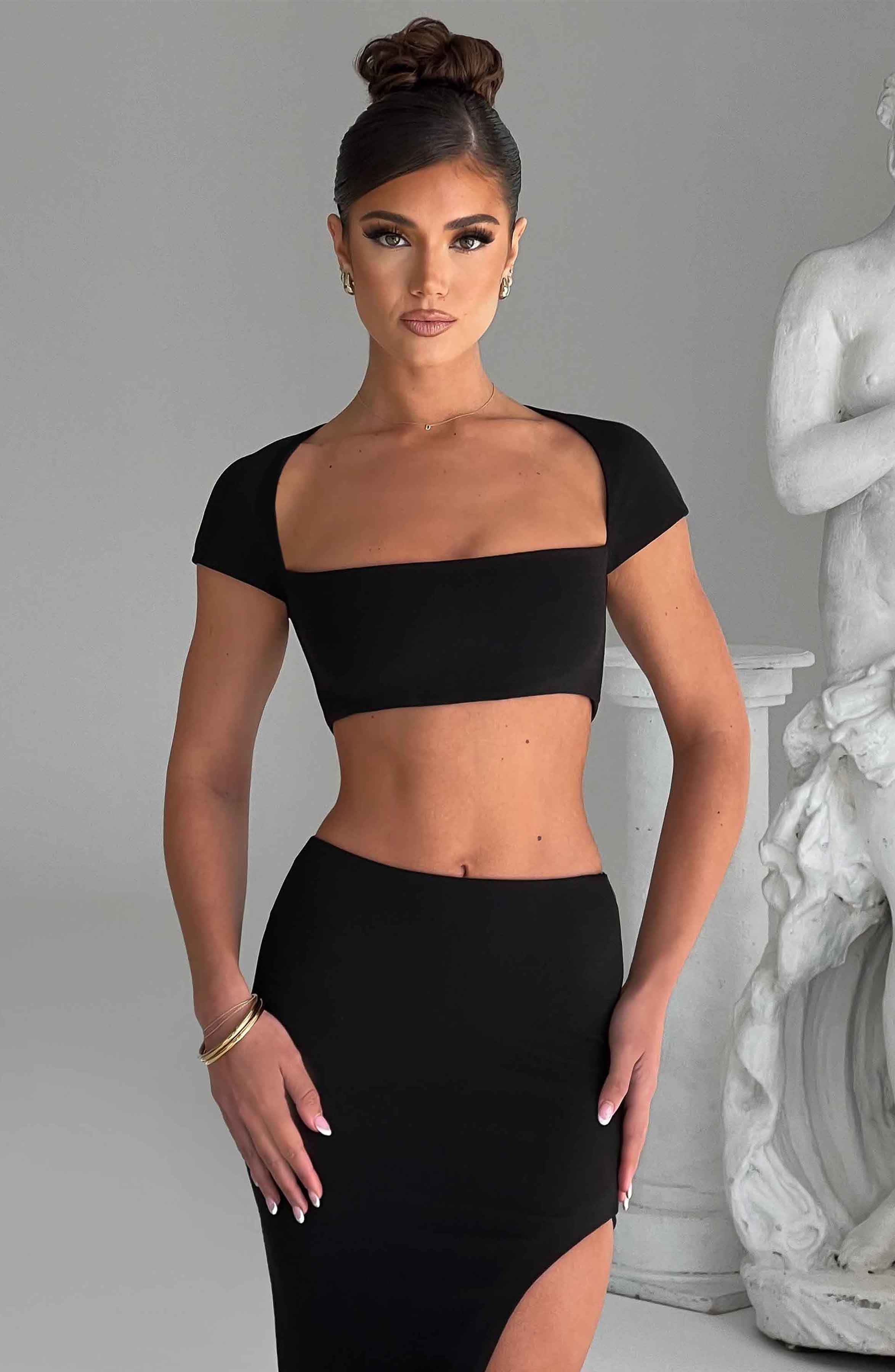 Black Adorn Crop Top - Square Neck Stretch Jersey for Cocktail Parties