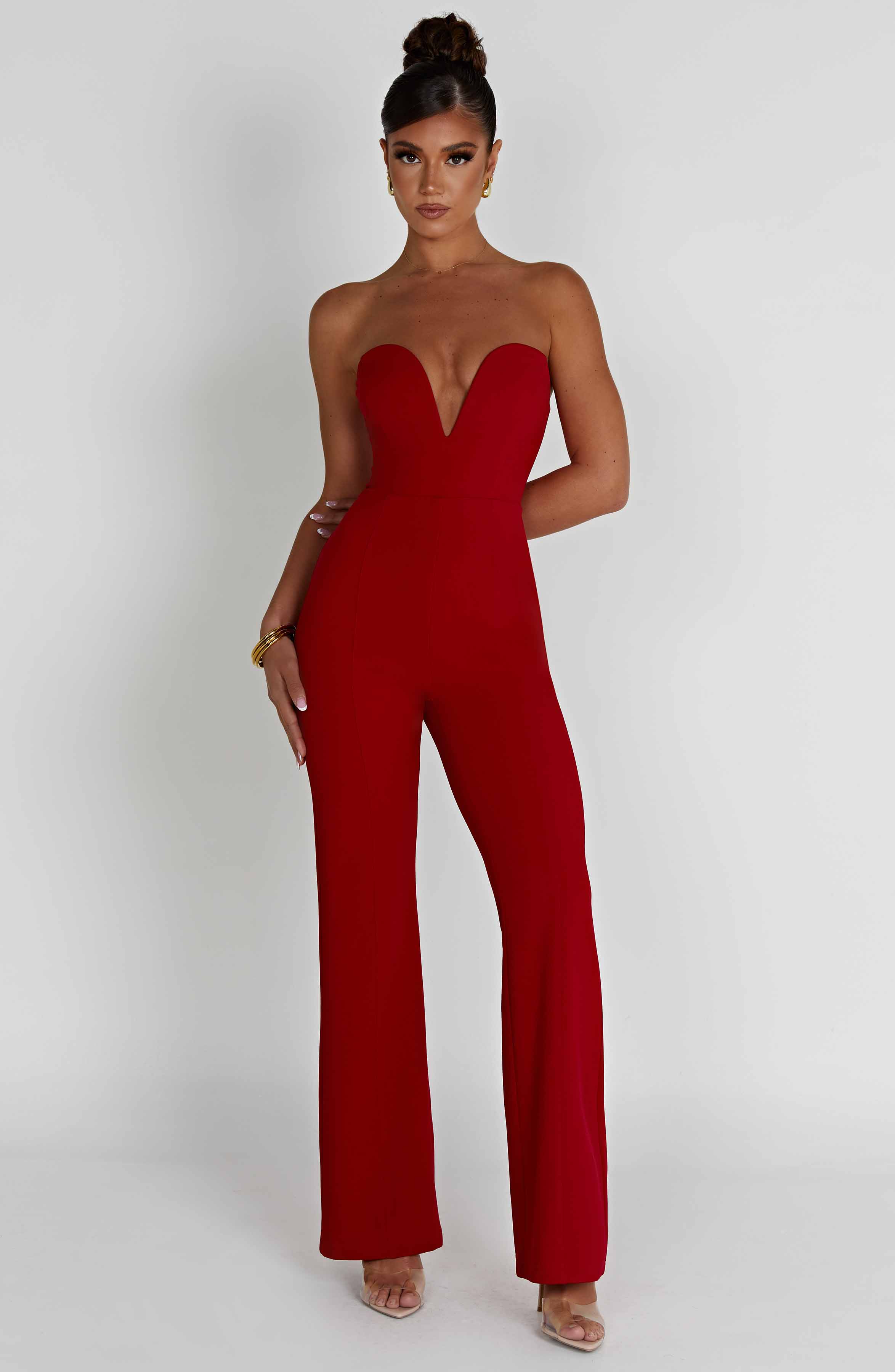 Red Strapless Jumpsuit - Plunge Neck & Wide Legs | Jordi