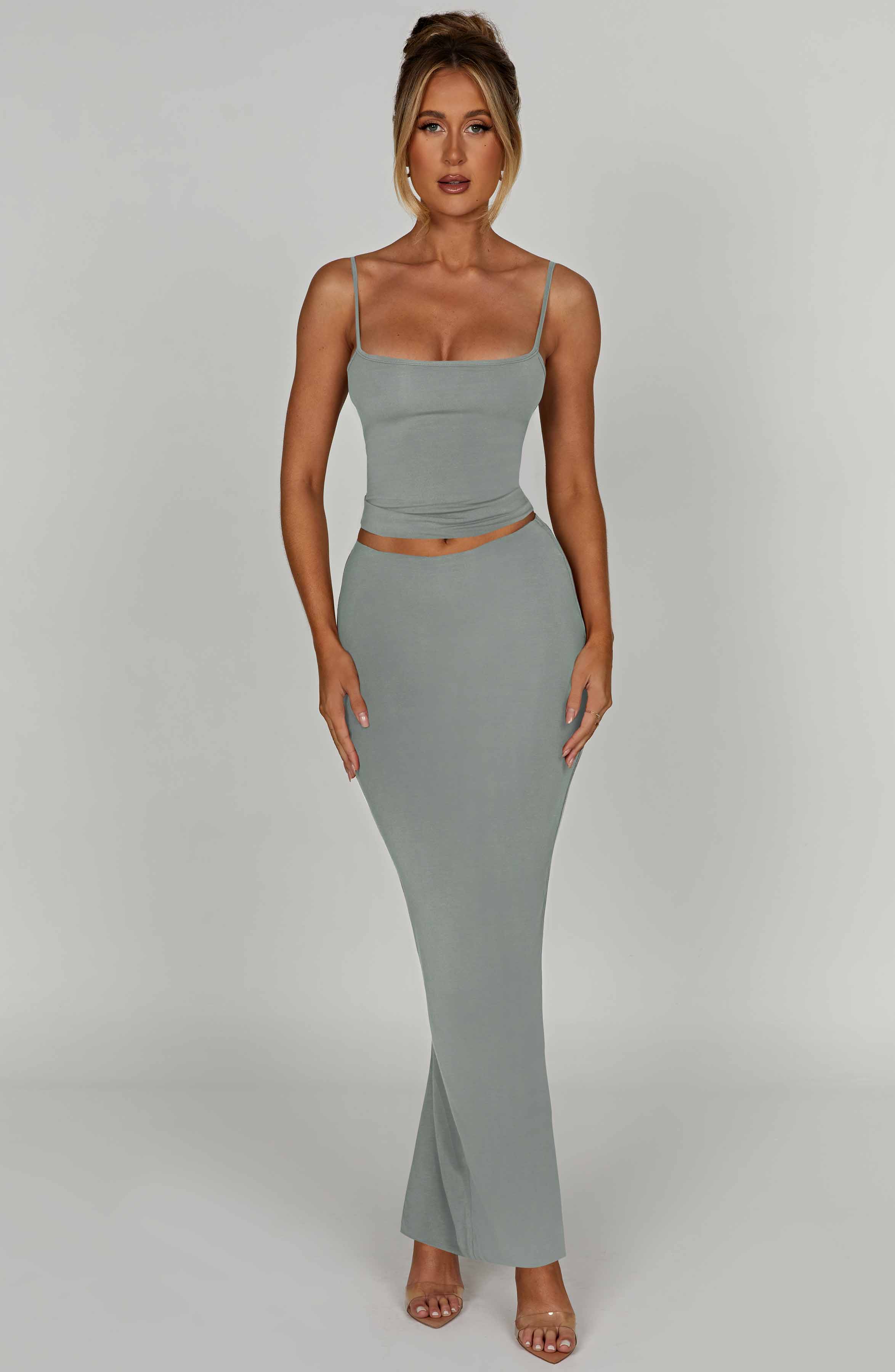 Yazmin Steel Maxi Skirt - Soft Stretch Double-Layered Midi Length
