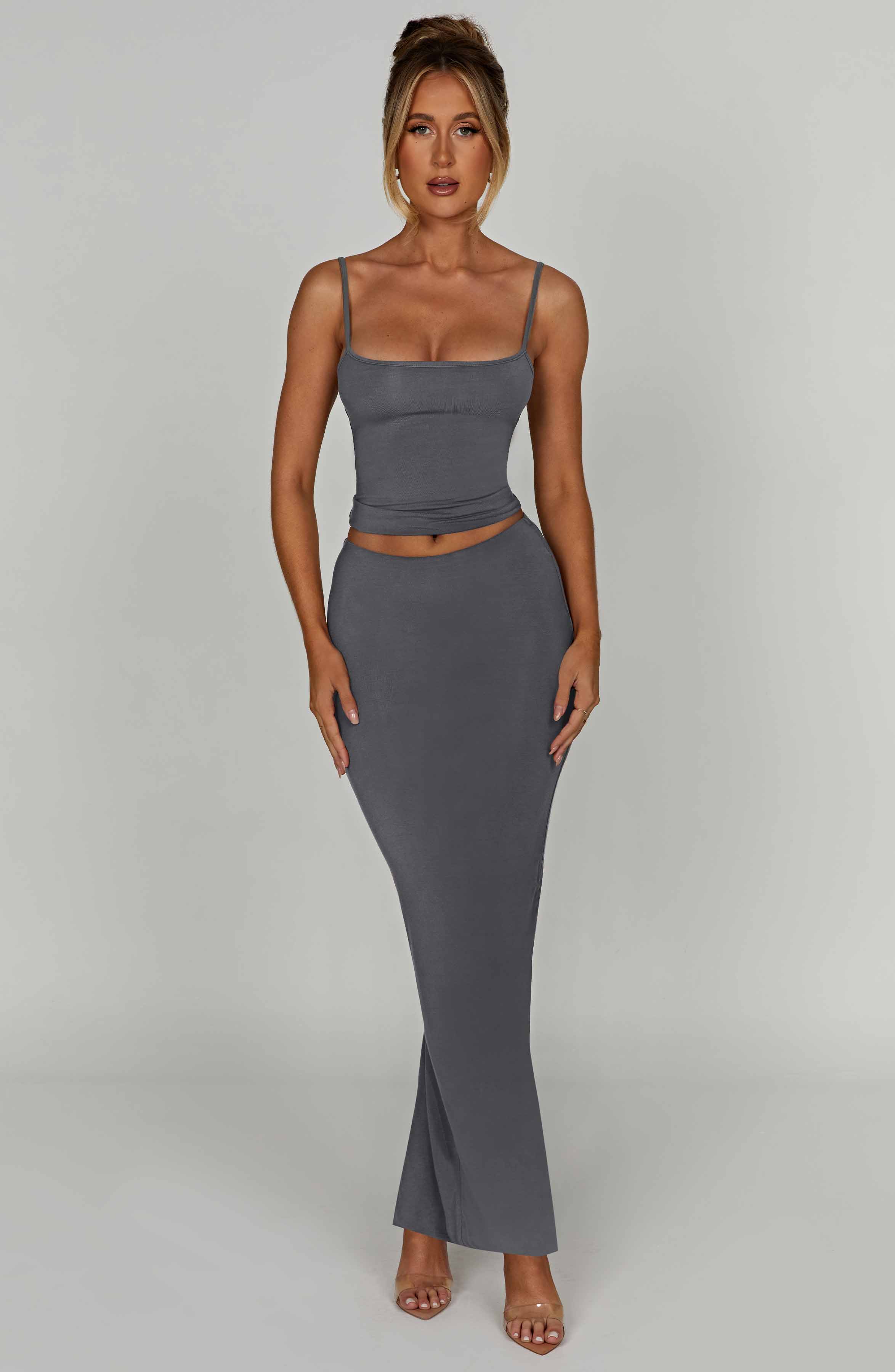 Yazmin Stretchy Charcoal Maxi Skirt - Double-Lined & Mid Rise