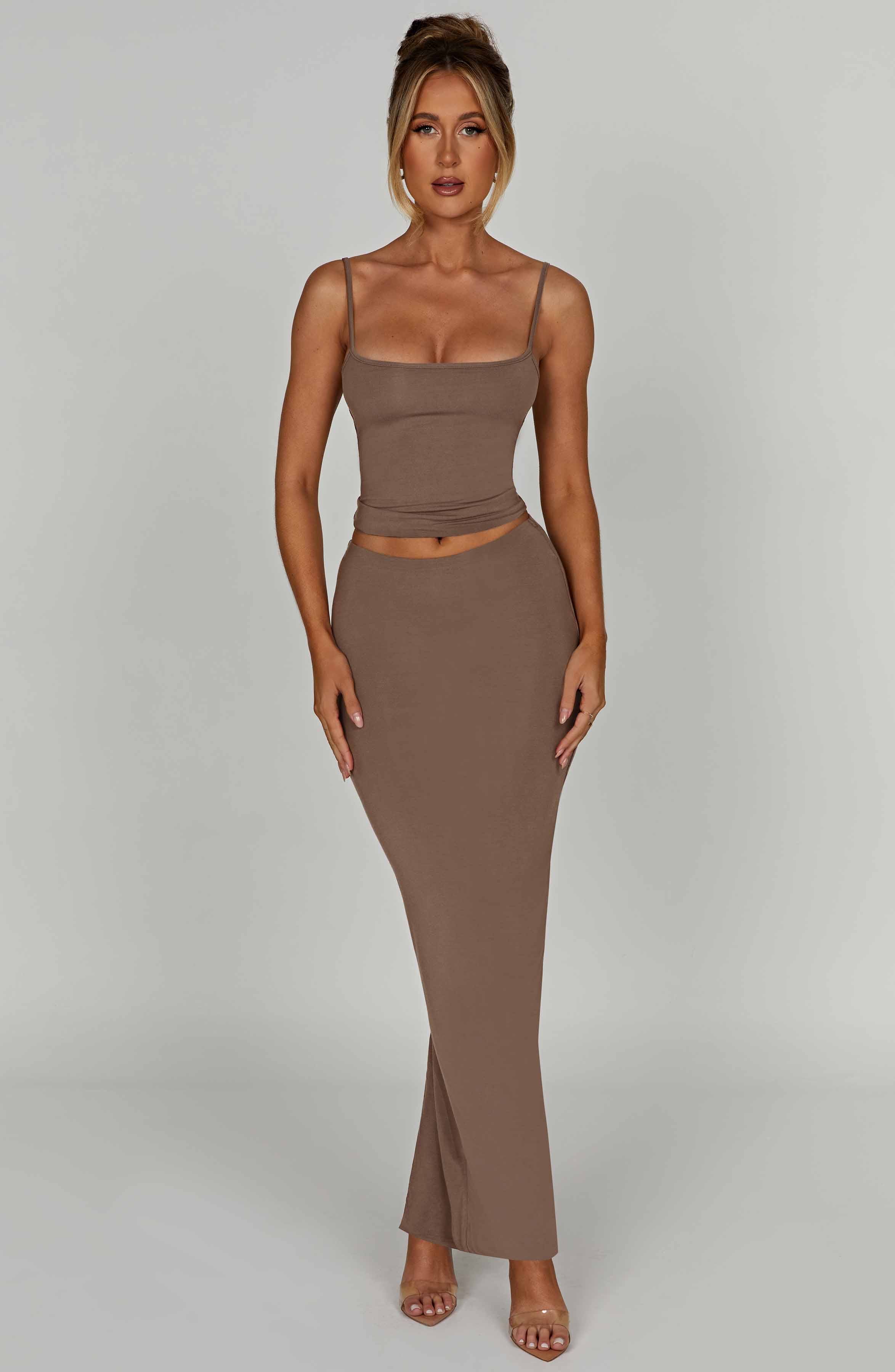 Yazmin Mocha Maxi Skirt - Soft Stretch Double-Layered Modal