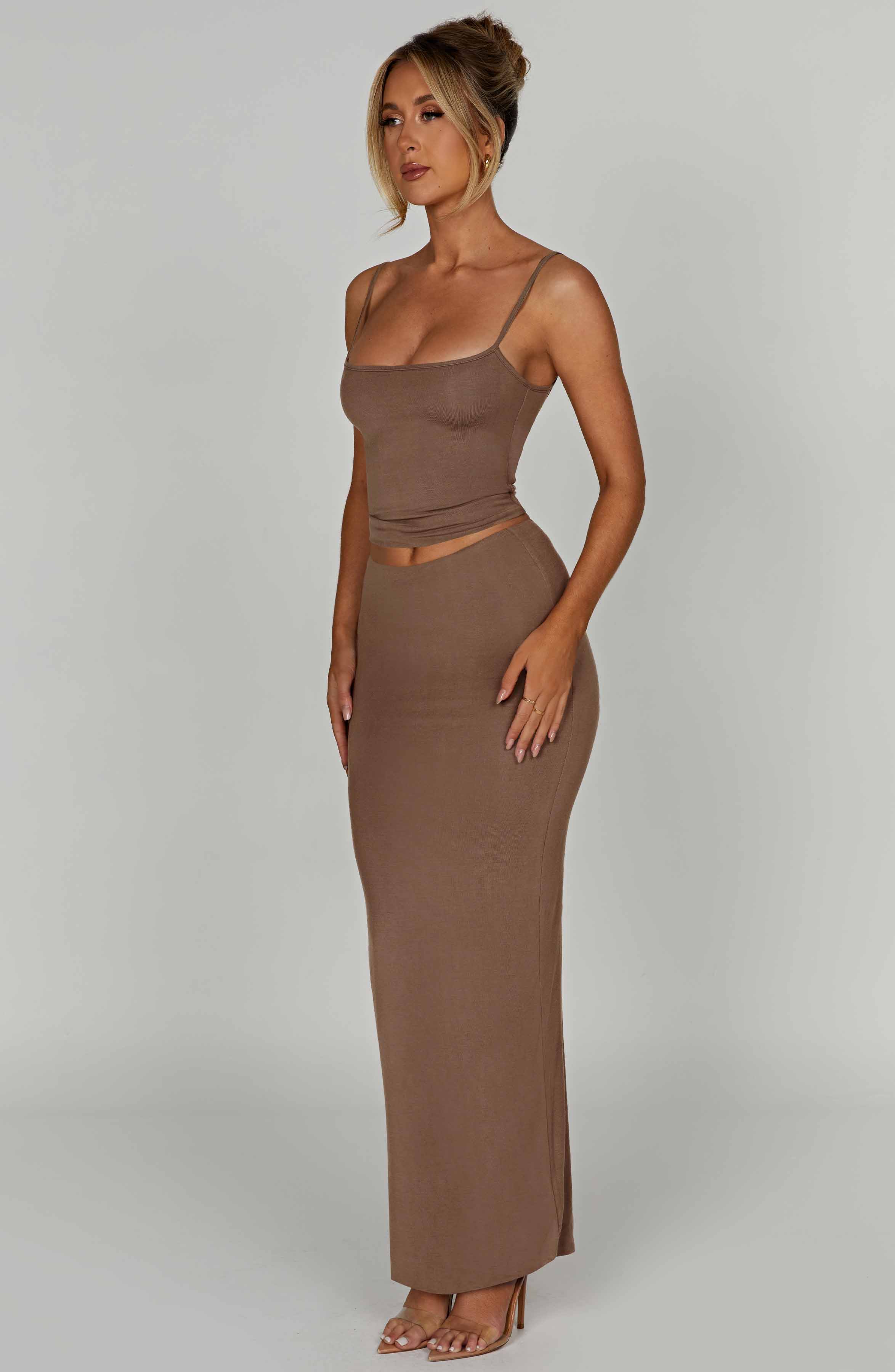 Yazmin Mocha Maxi Skirt - Soft Stretch Double-Layered Modal