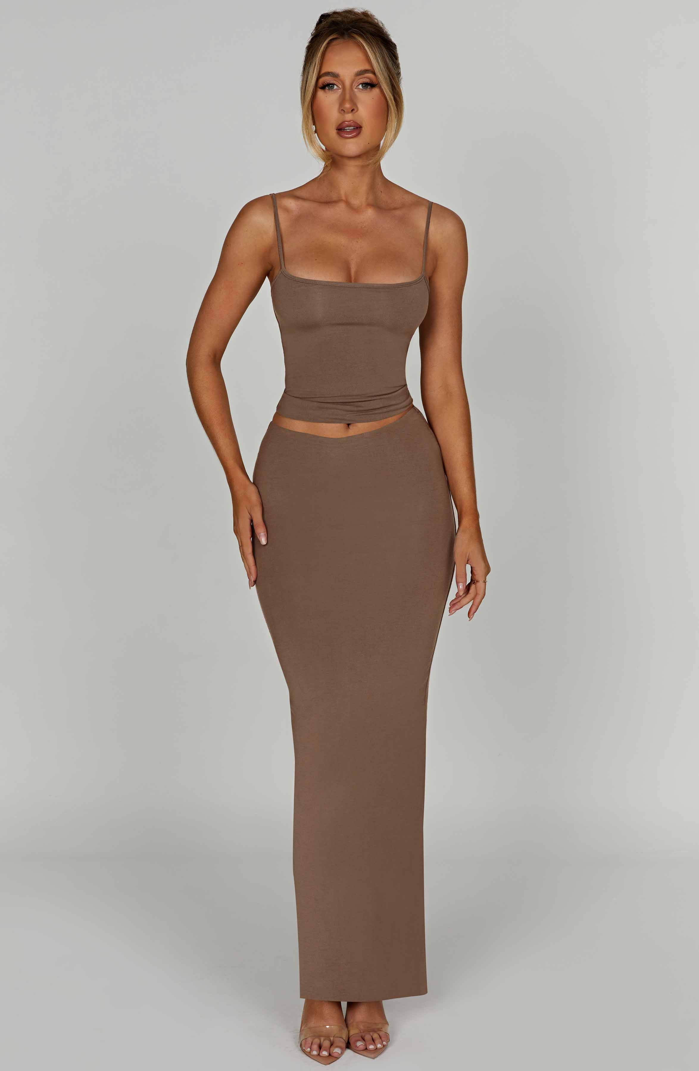 Yazmin Mocha Maxi Skirt - Soft Stretch Double-Layered Modal
