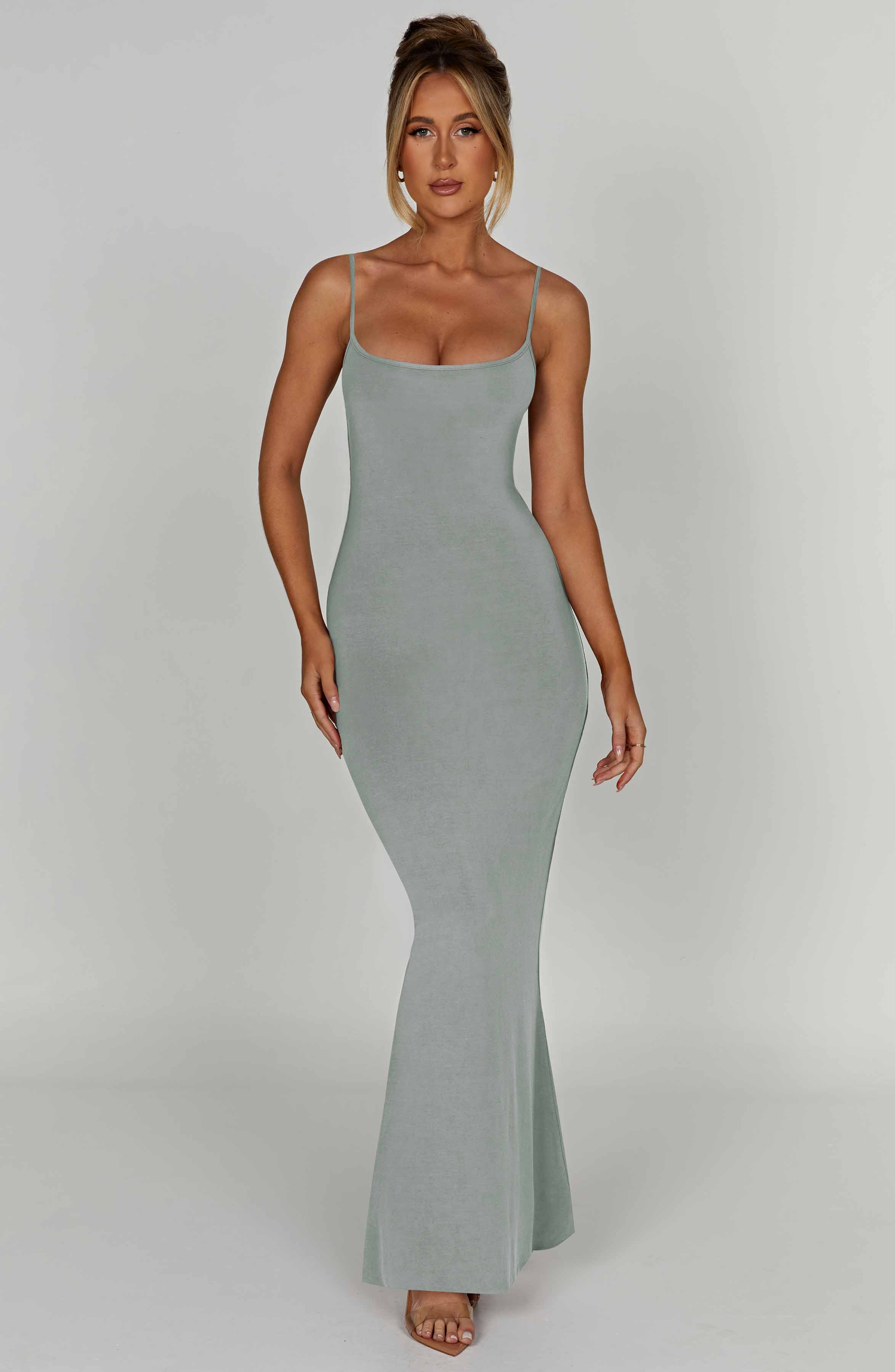 Saskia Steel Scoop Neck Maxi Dress - Double Lined & Stretchy