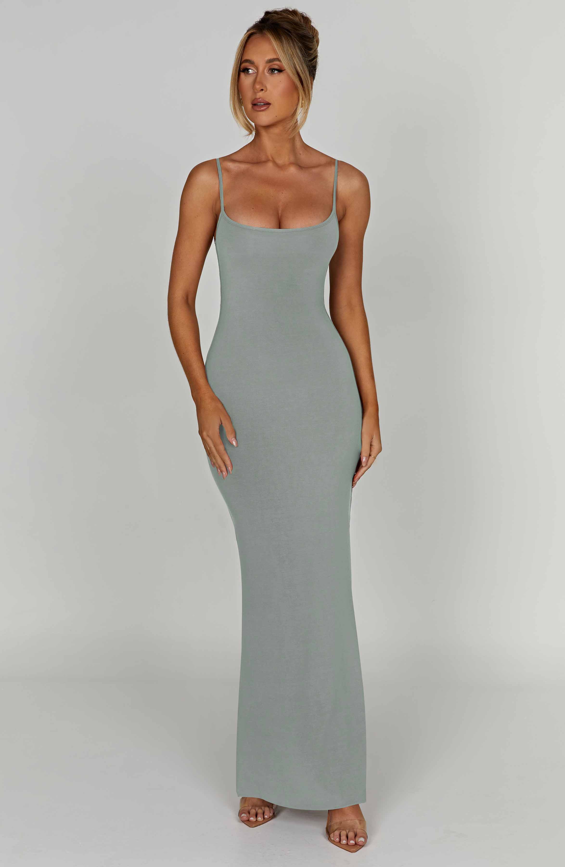 Saskia Steel Scoop Neck Maxi Dress - Double Lined & Stretchy