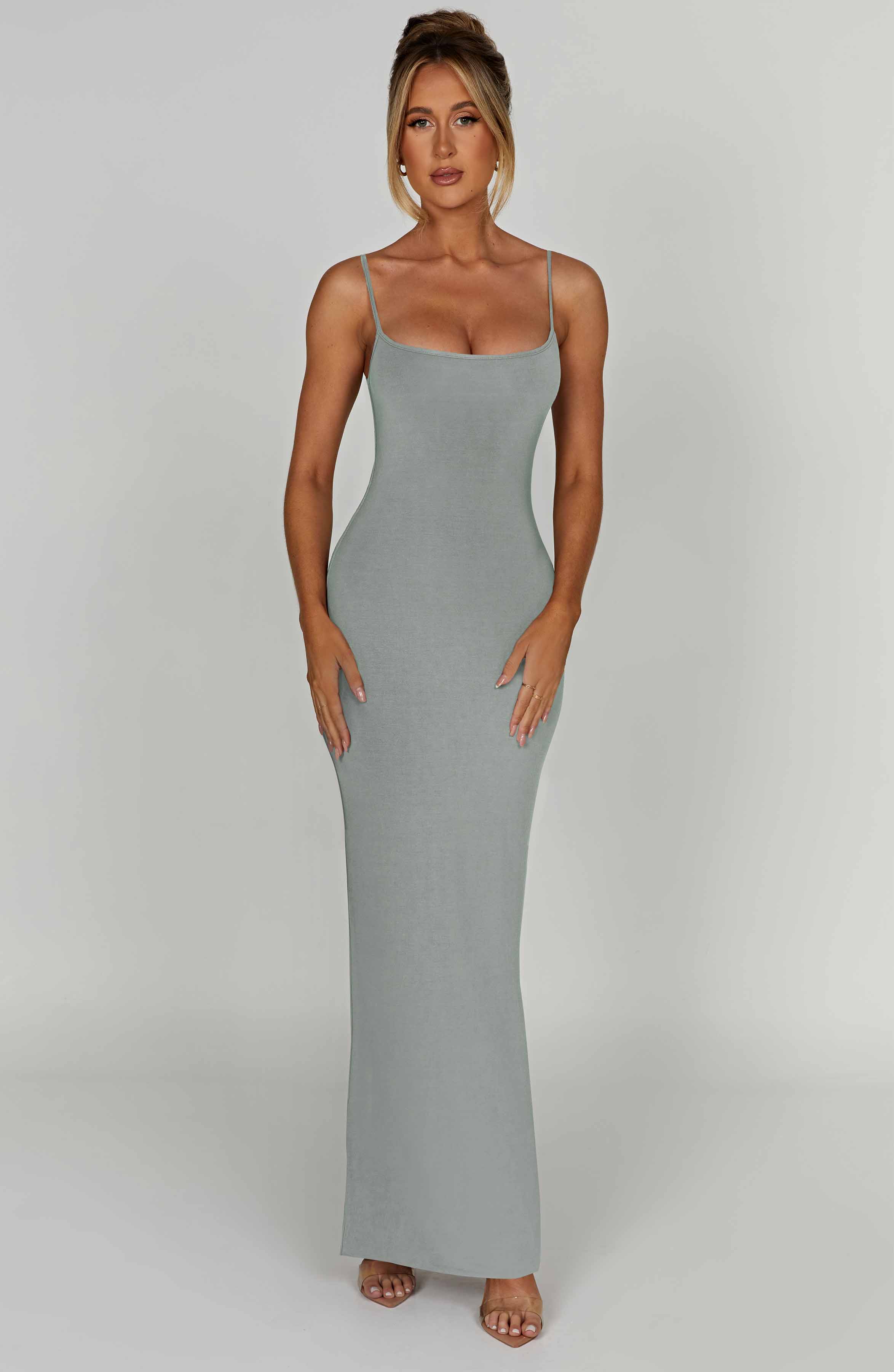 Saskia Steel Scoop Neck Maxi Dress - Double Lined & Stretchy