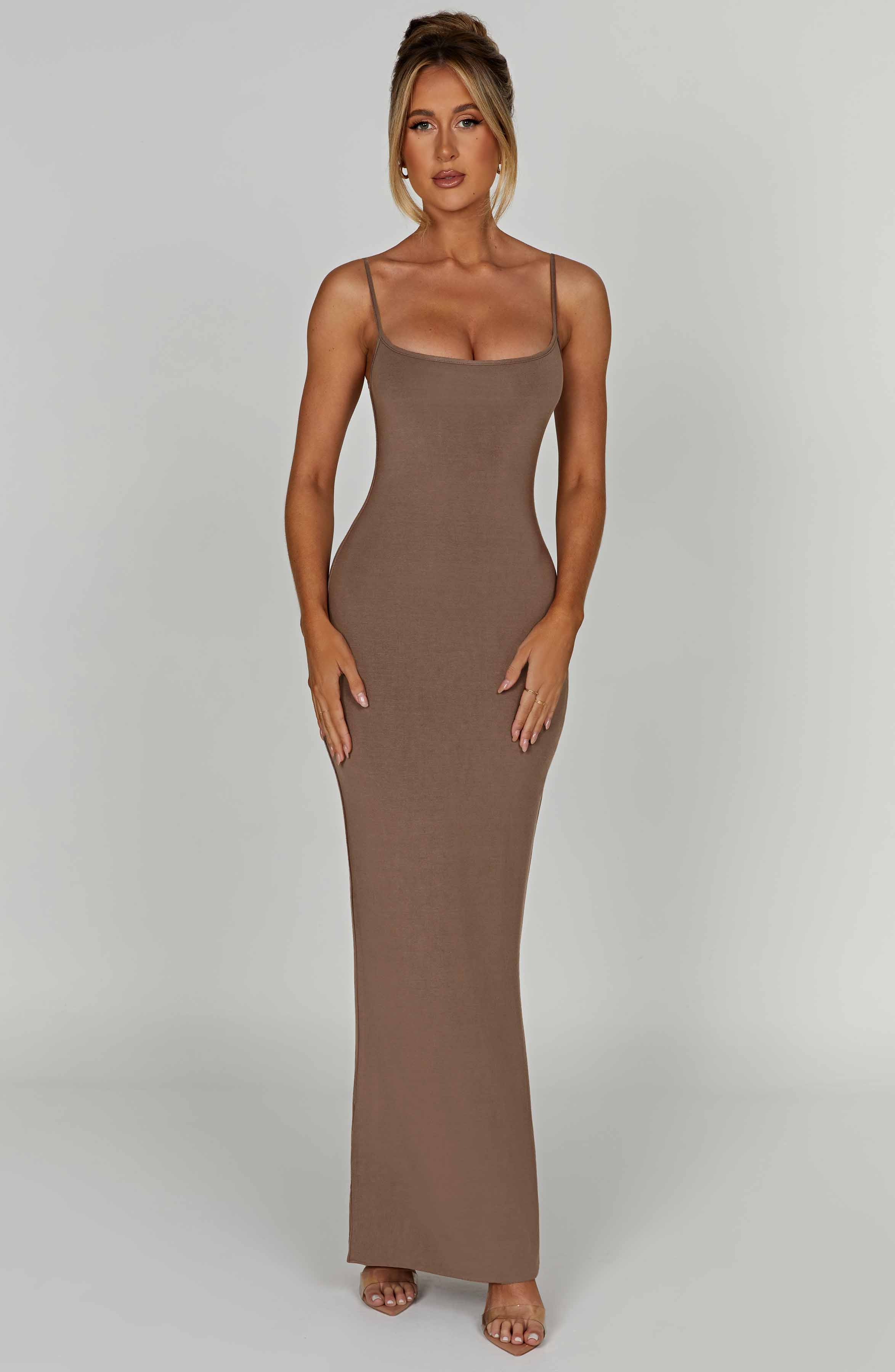 Saskia Double-Lined Mocha Maxi Dress with Scoop Neck