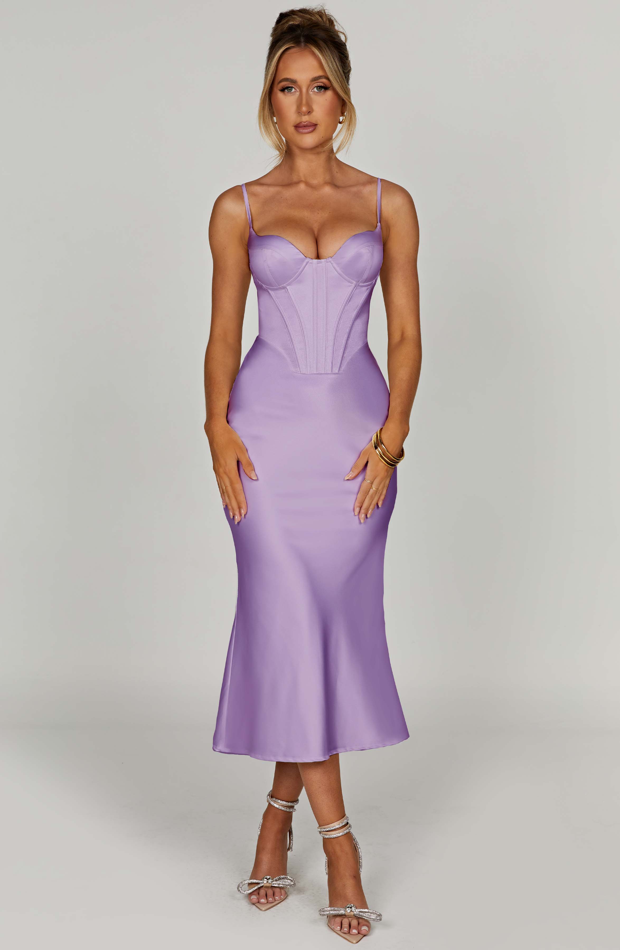 Farrah Corset Midi Dress in Purple Satin - Flattering Fit
