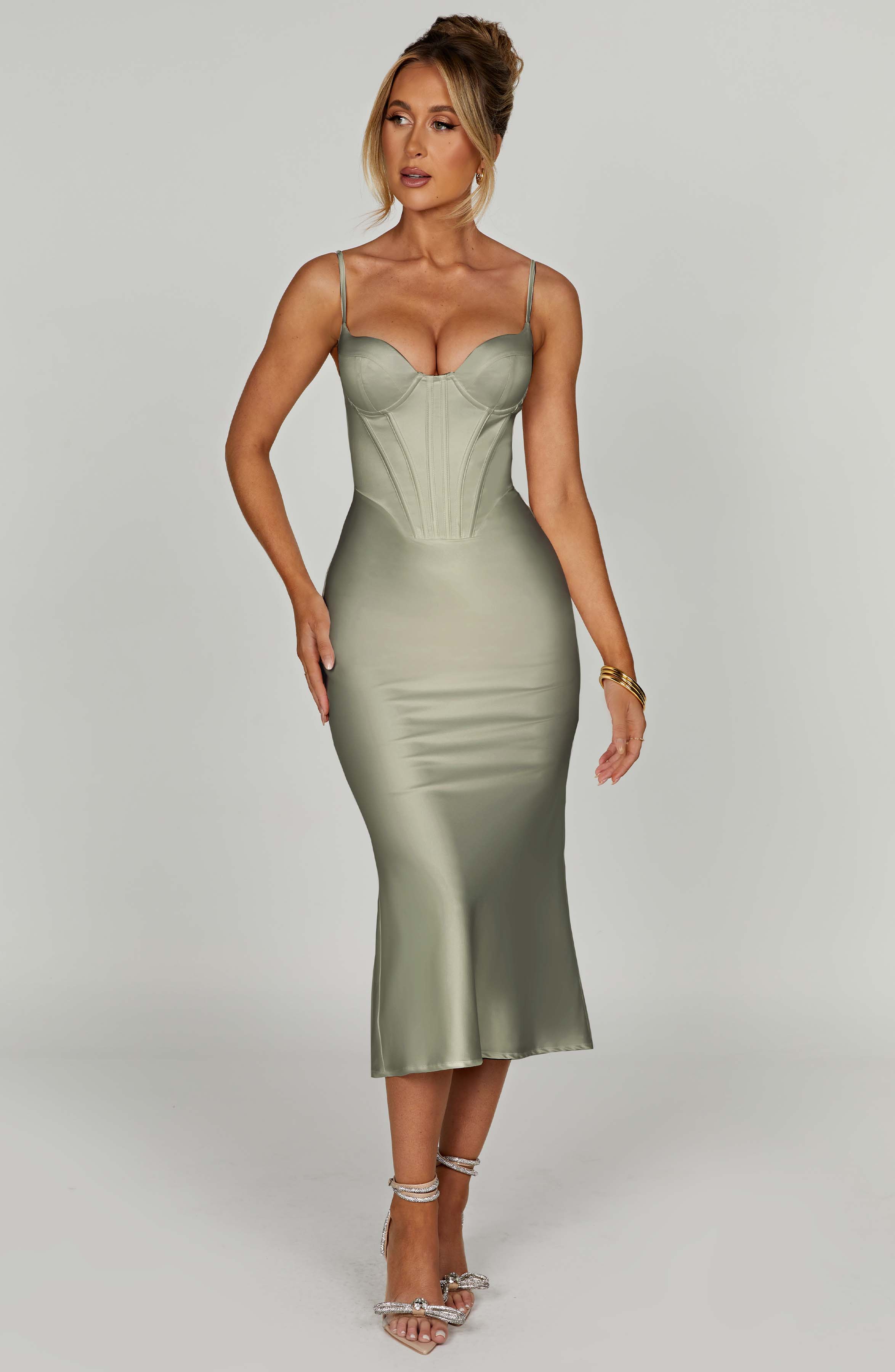 Sage Farrah Midi Dress with Corset Bodice & Satin Fit