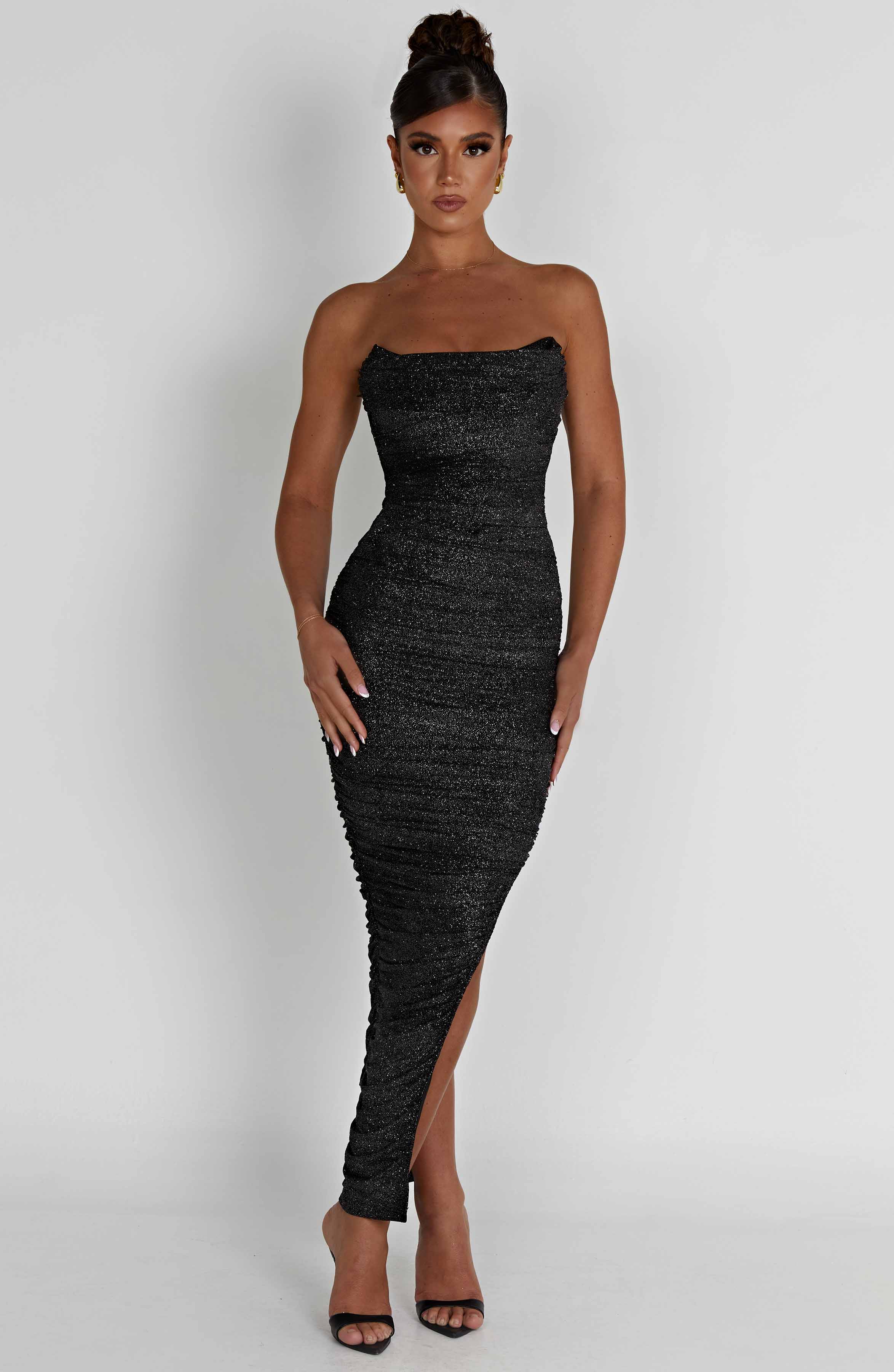 Black Sparkle Strapless Maxi Dress with Side Split & Shapewear Effect