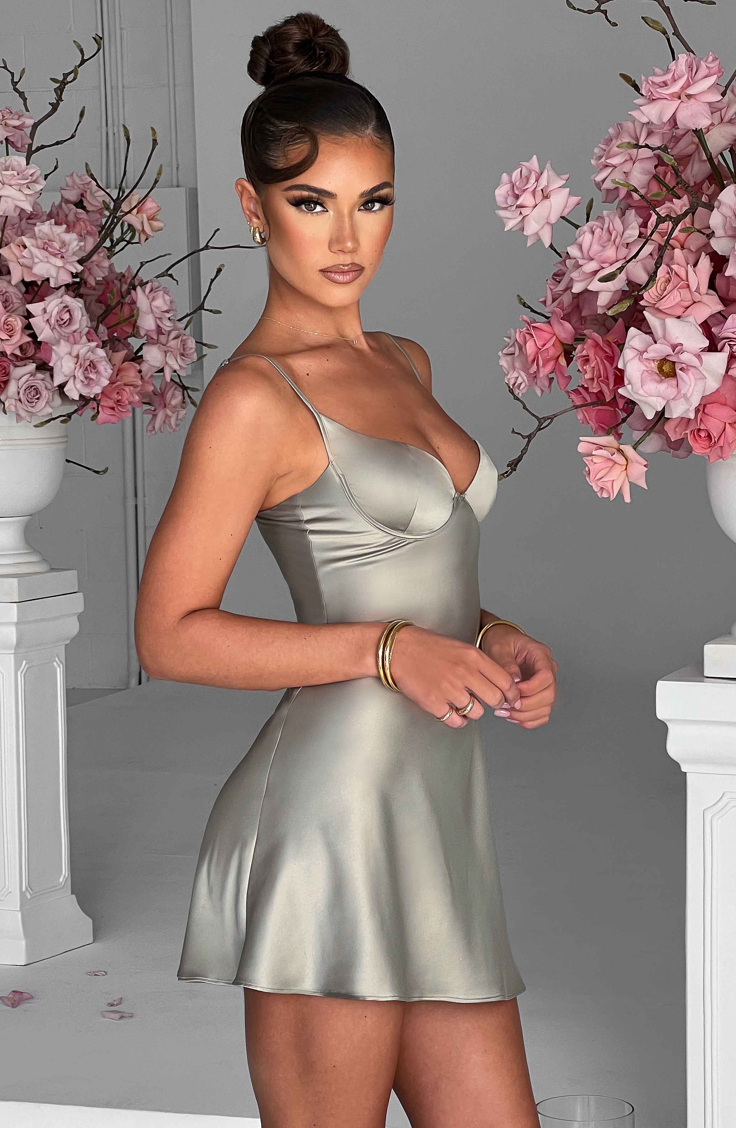 Azaria Sage Satin Mini Dress with Underwire & Flared Skirt