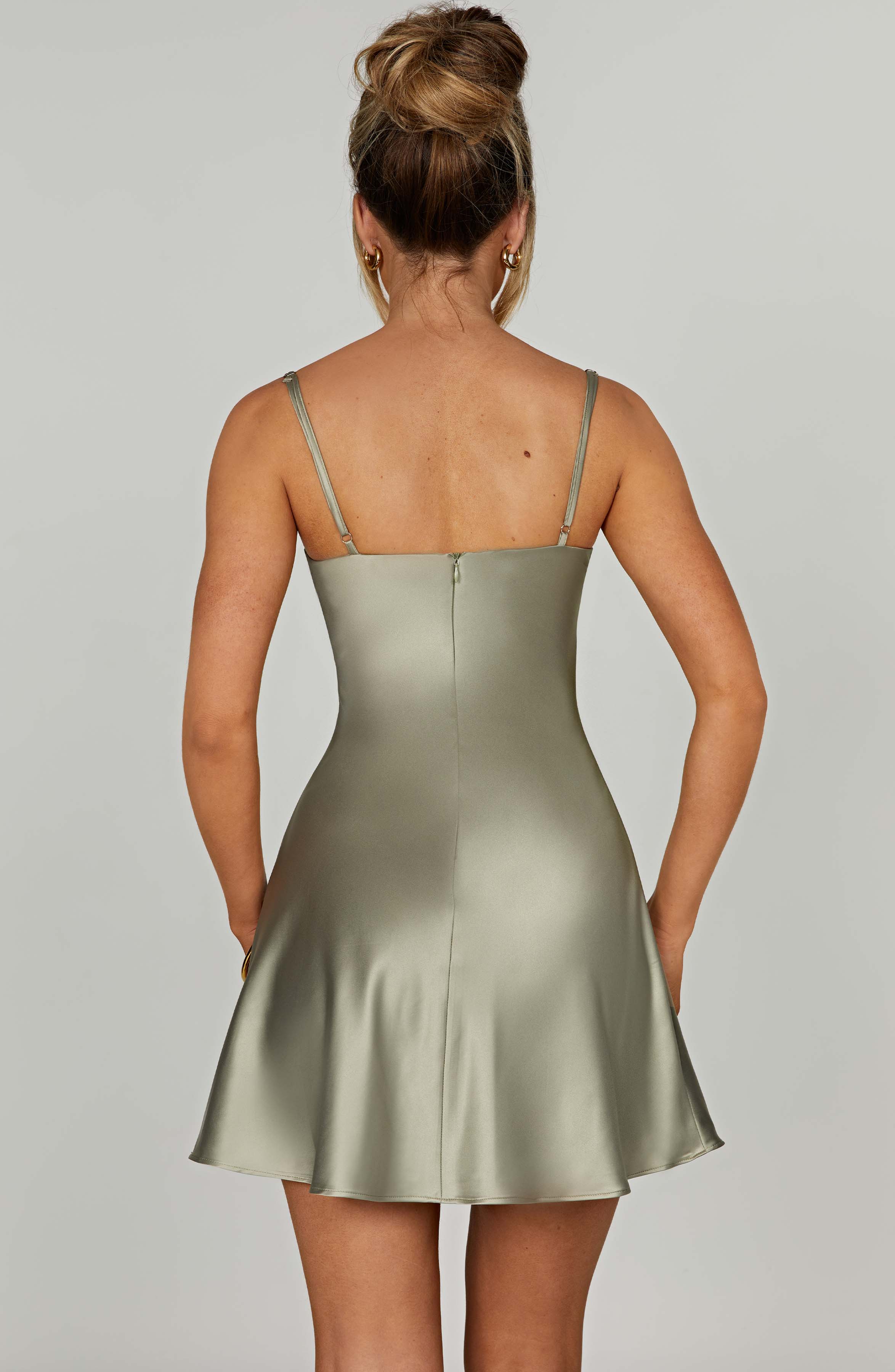 Azaria Sage Satin Mini Dress with Underwire & Flared Skirt