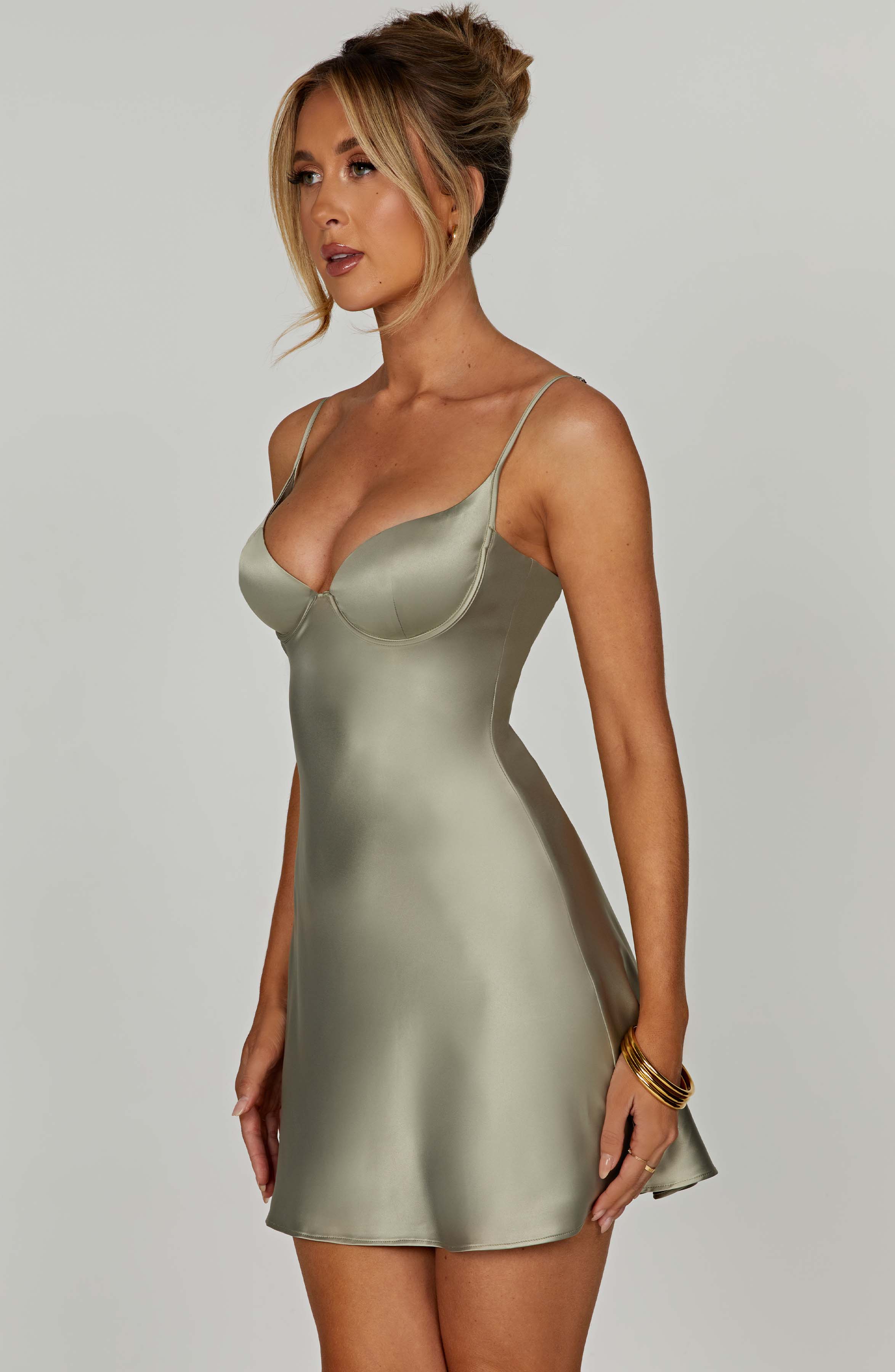 Azaria Sage Satin Mini Dress with Underwire & Flared Skirt