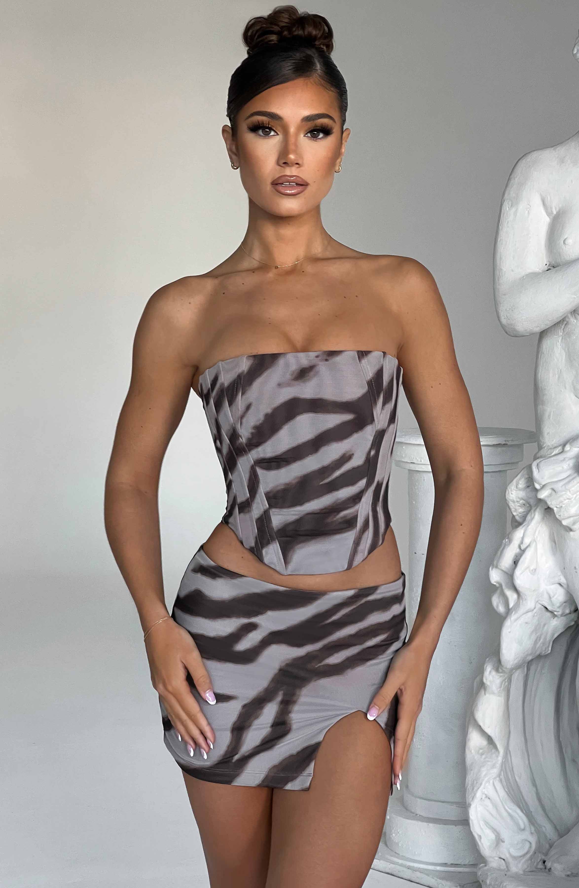 Zebra Print Alina Mini Skirt - Low Waist Jersey Split Design