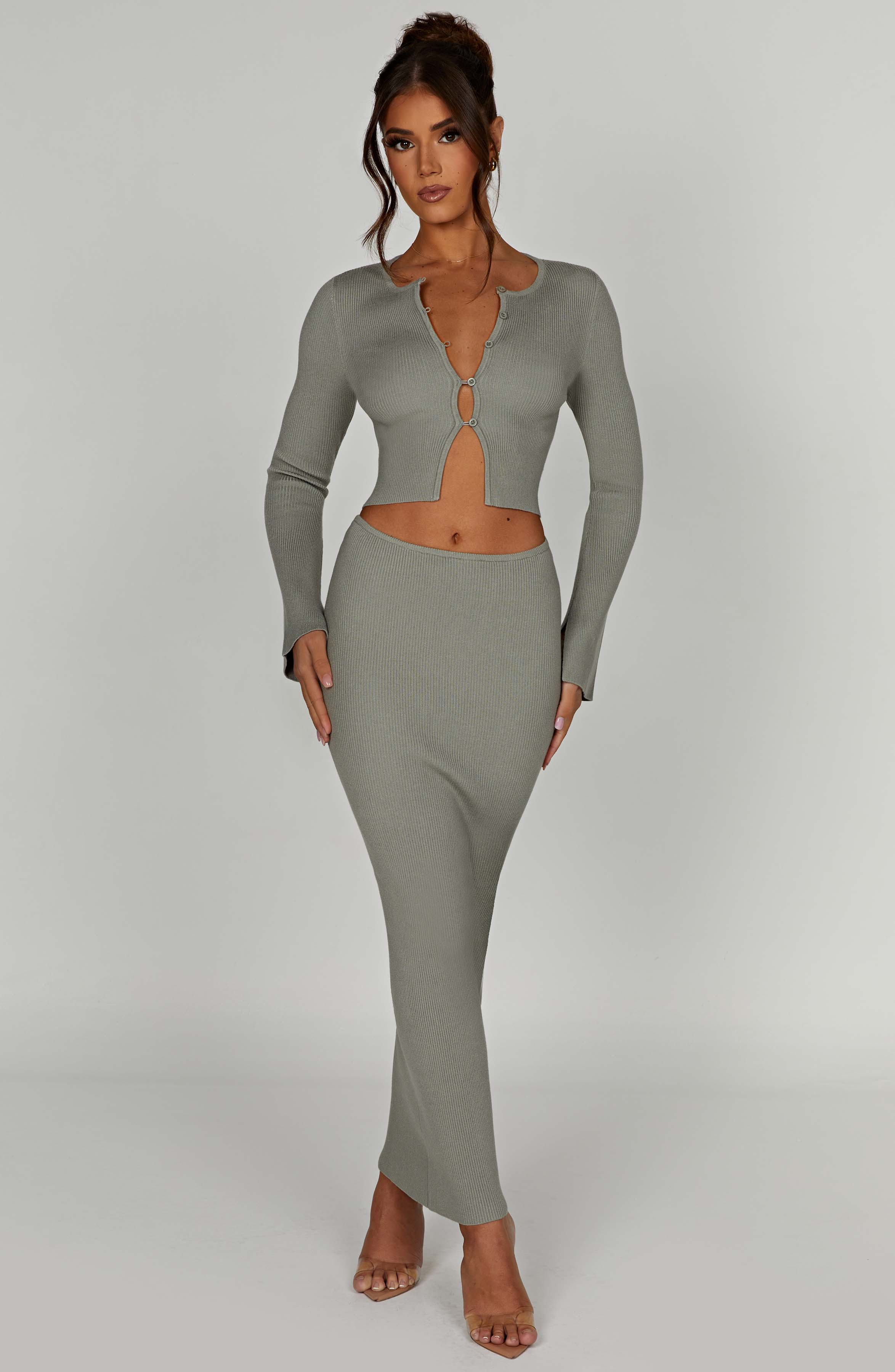 Elia Ribbed Knit Maxi Skirt - Khaki - Flattering Fit