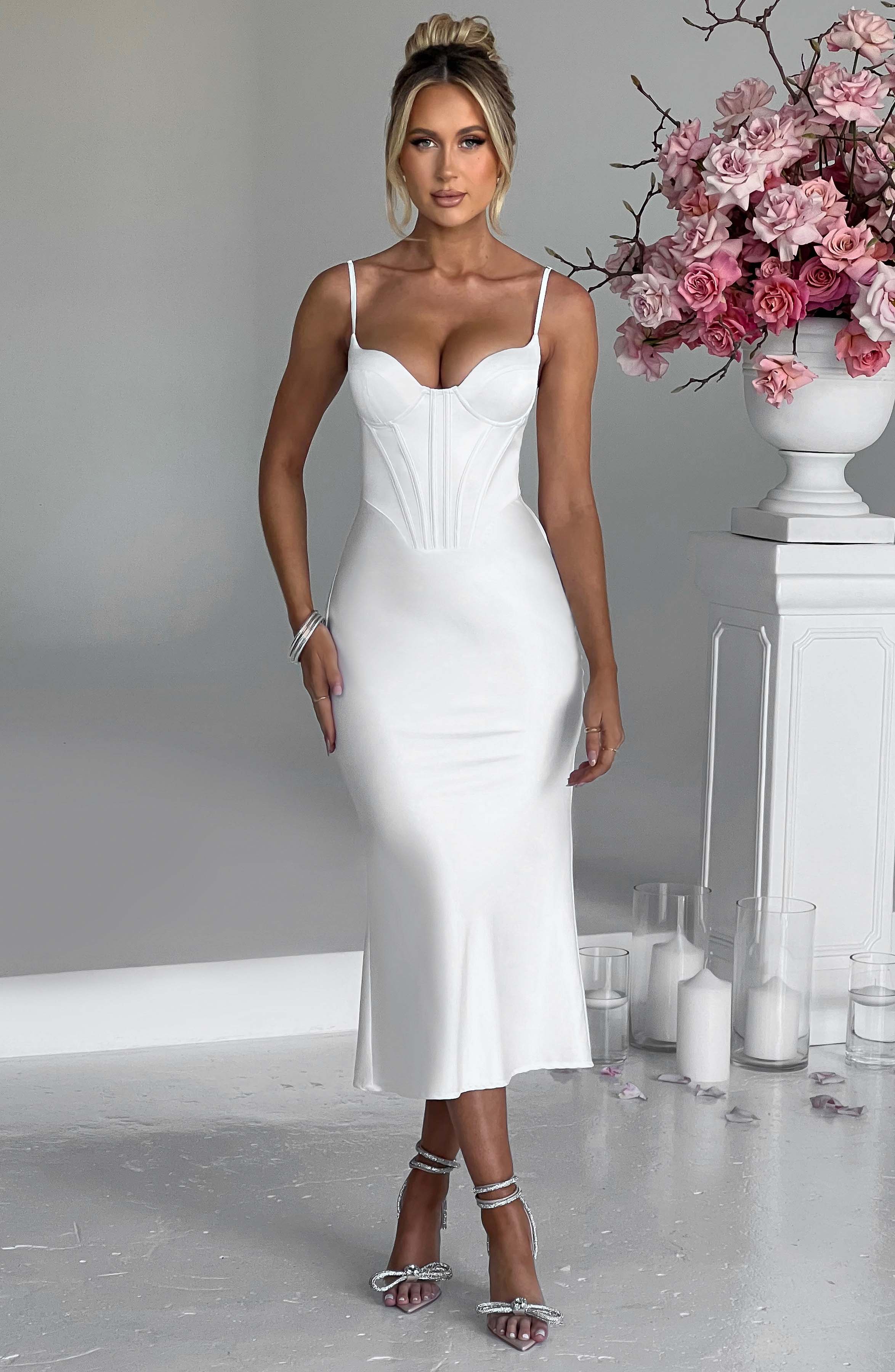 Farrah Ivory Satin Corset Midi Dress