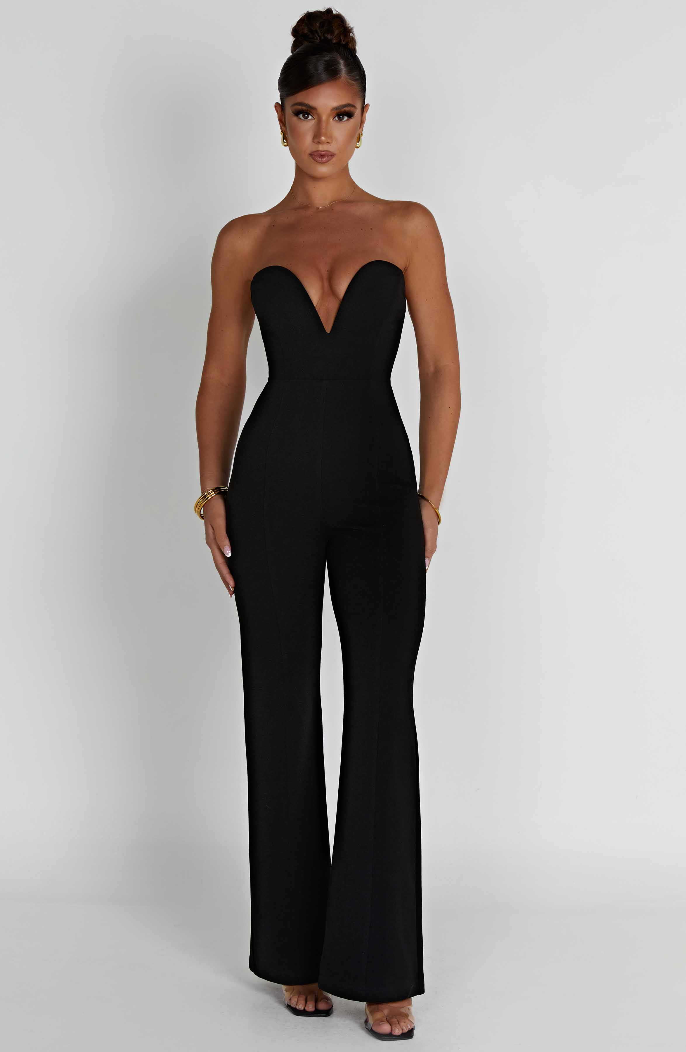 Black Strapless Jumpsuit - Jordi Plunge Neck Wide Leg Crepe