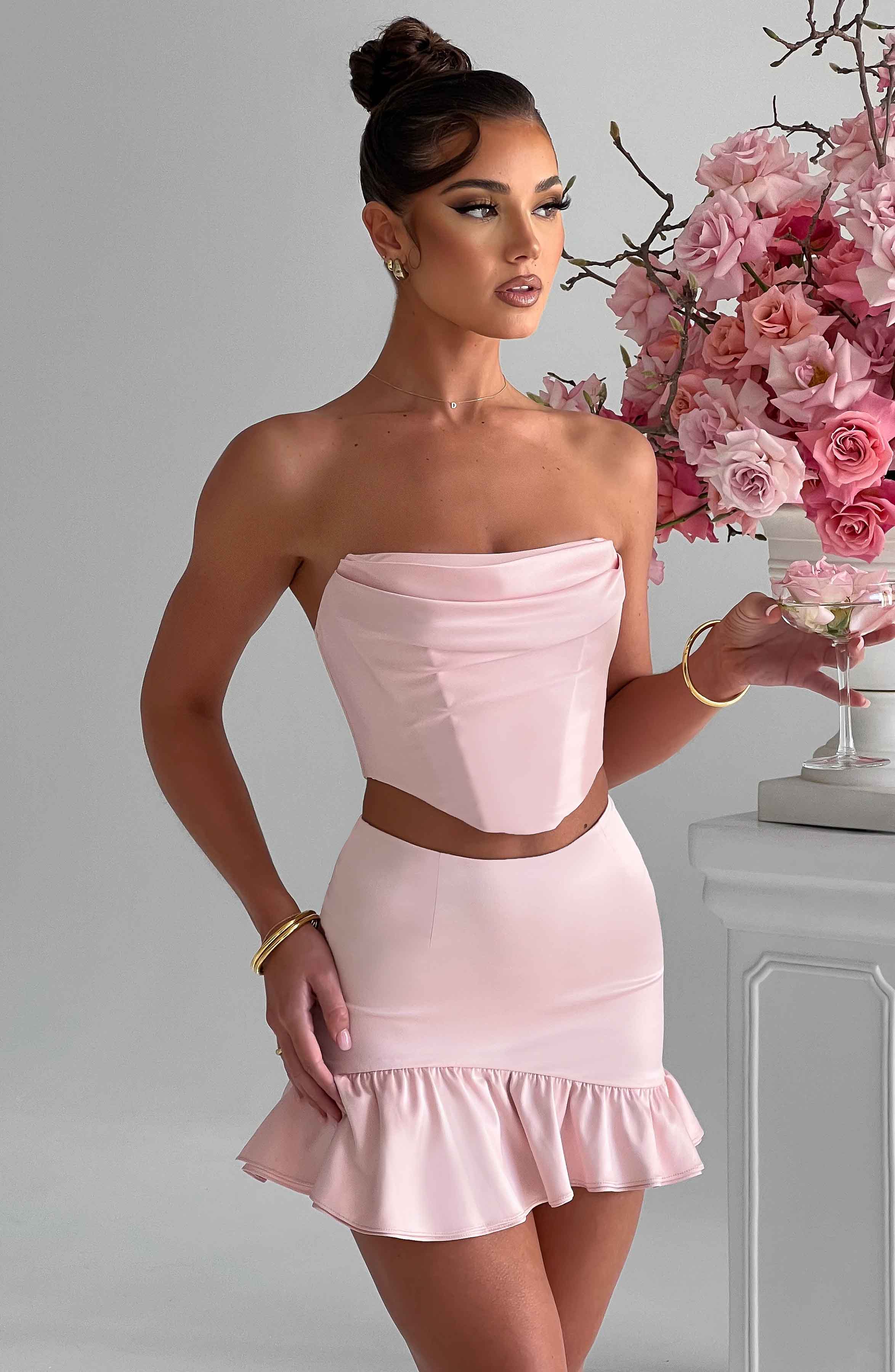 Maura High Waist Satin Mini Skirt with Asymmetric Frill Hem - Blush