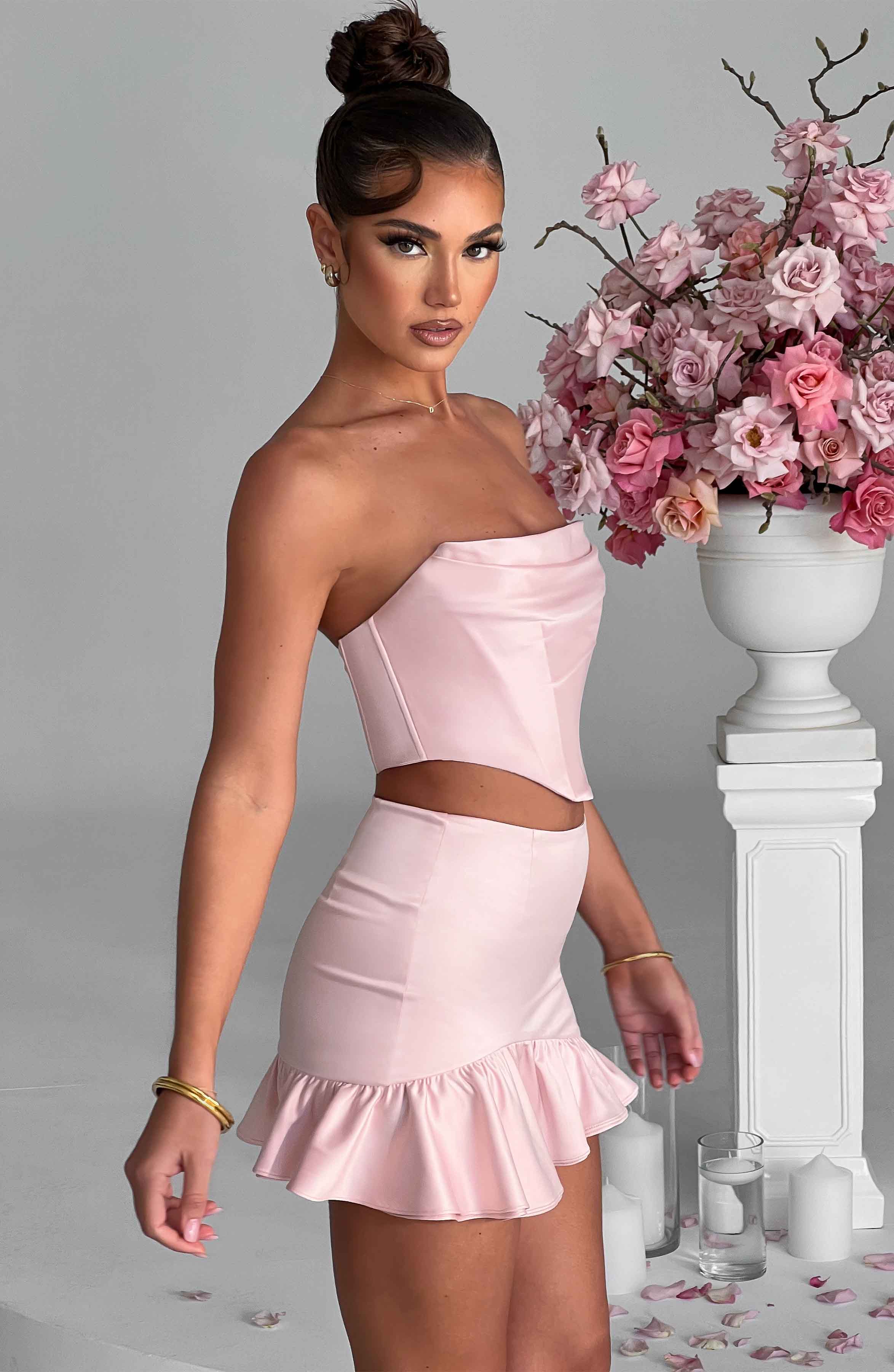 Maura High Waist Satin Mini Skirt with Asymmetric Frill Hem - Blush