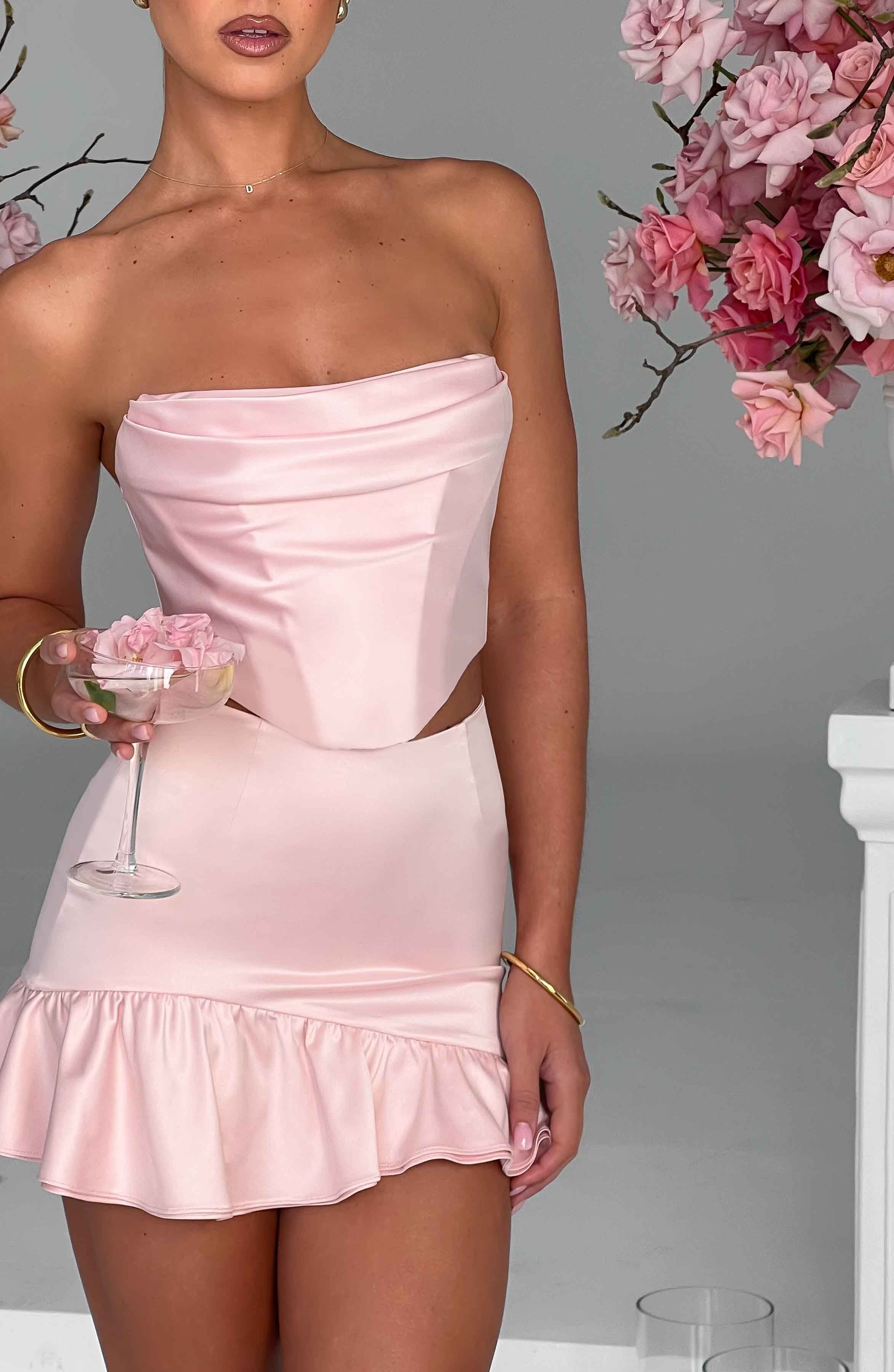 Maura High Waist Satin Mini Skirt with Asymmetric Frill Hem - Blush